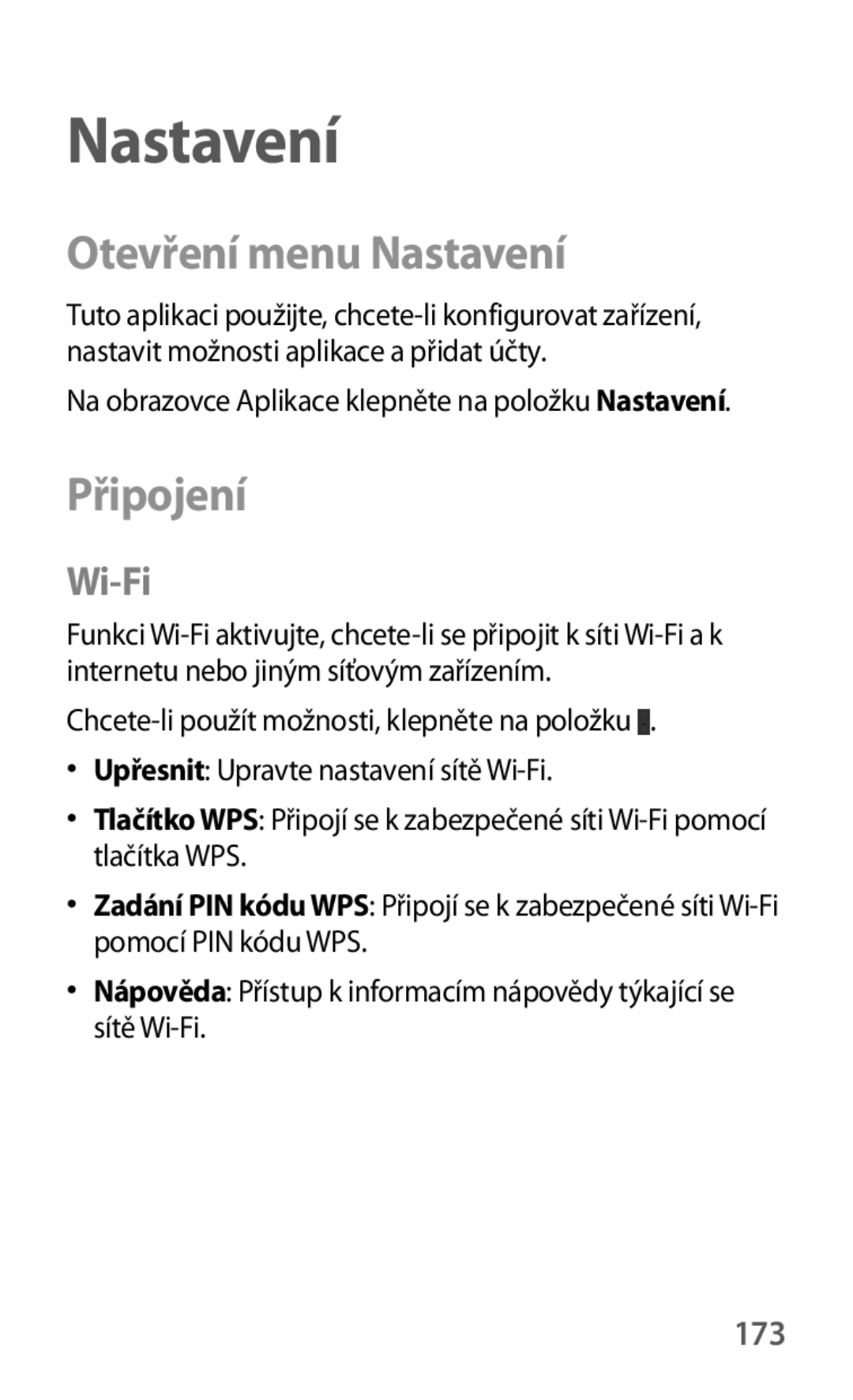 Samsung SM-T325NZWAXEZ, SM-T325NZKAXEZ, SM-T325NZKAXEO manual Otevření menu Nastavení, Připojení, Wi-Fi, 173 