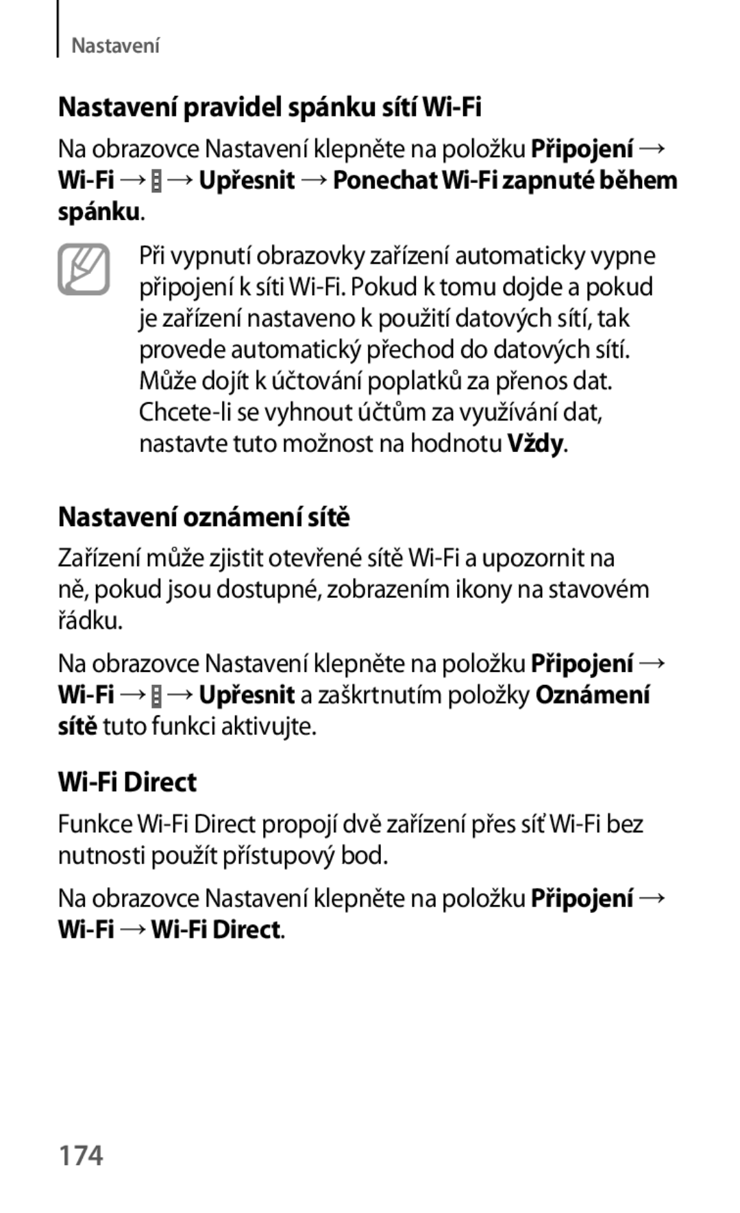 Samsung SM-T325NZKAXEZ, SM-T325NZKAXEO Nastavení pravidel spánku sítí Wi-Fi, Nastavení oznámení sítě, Wi-Fi Direct, 174 