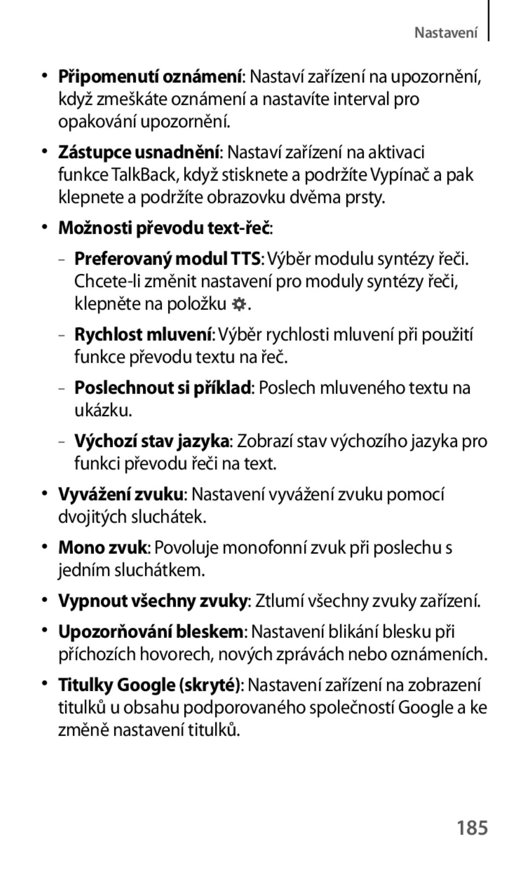 Samsung SM-T325NZWAXEZ manual 185, Možnosti převodu text-řeč, Poslechnout si příklad Poslech mluveného textu na ukázku 