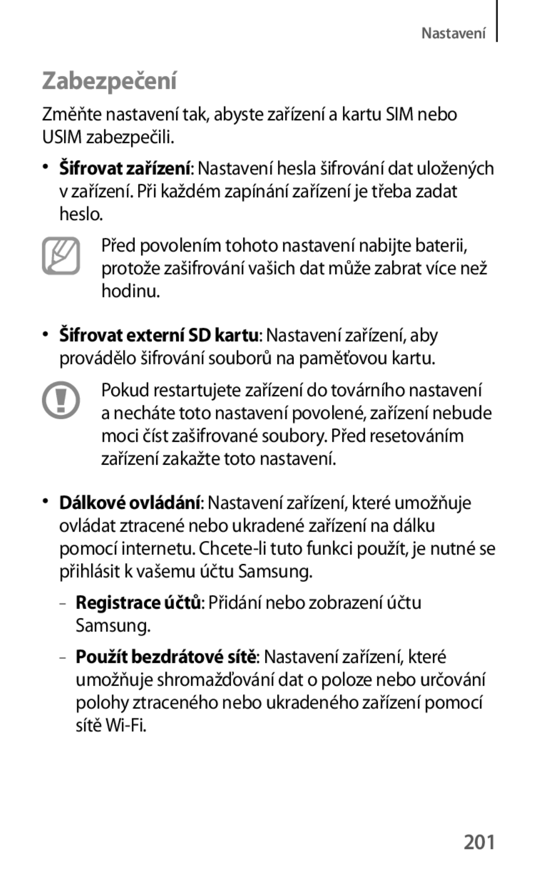 Samsung SM-T325NZKAXEZ, SM-T325NZKAXEO manual Zabezpečení, 201, Registrace účtů Přidání nebo zobrazení účtu Samsung 