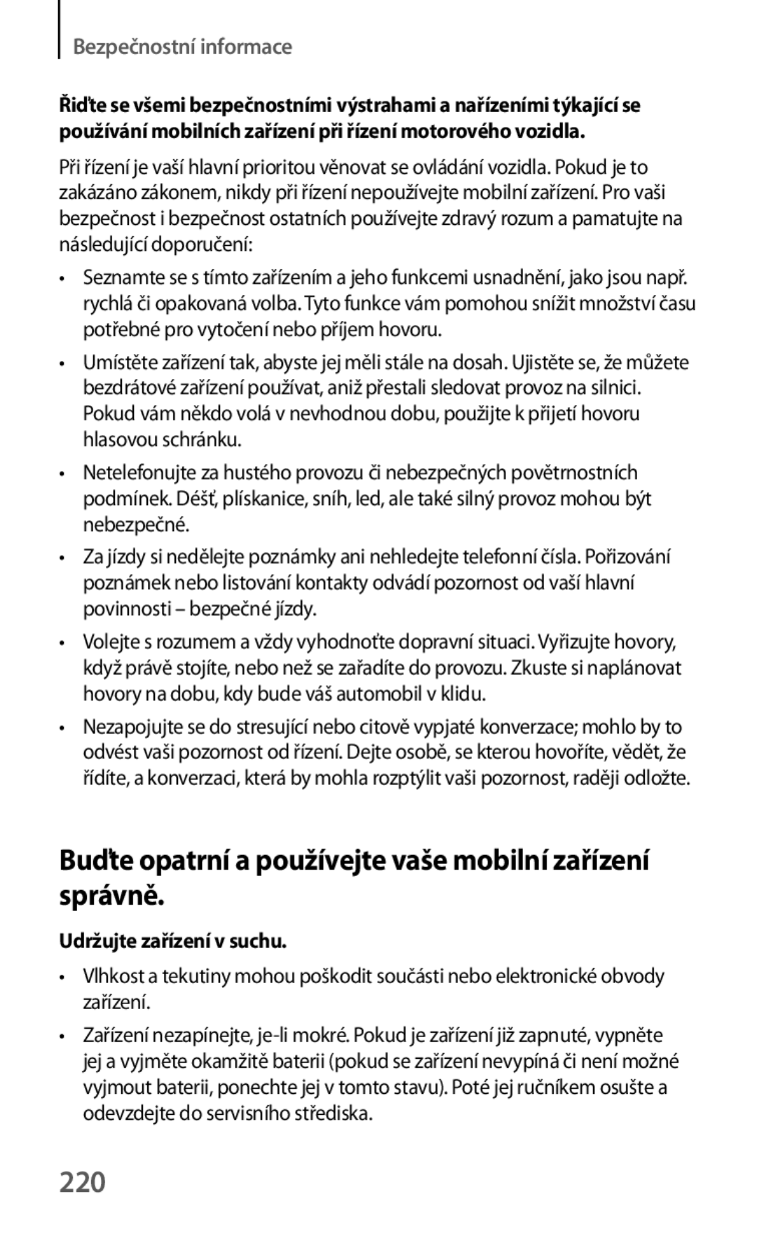 Samsung SM-T325NZKAXEO, SM-T325NZKAXEZ, SM-T325NZWAXEZ manual Buďte opatrní a používejte vaše mobilní zařízení správně, 220 