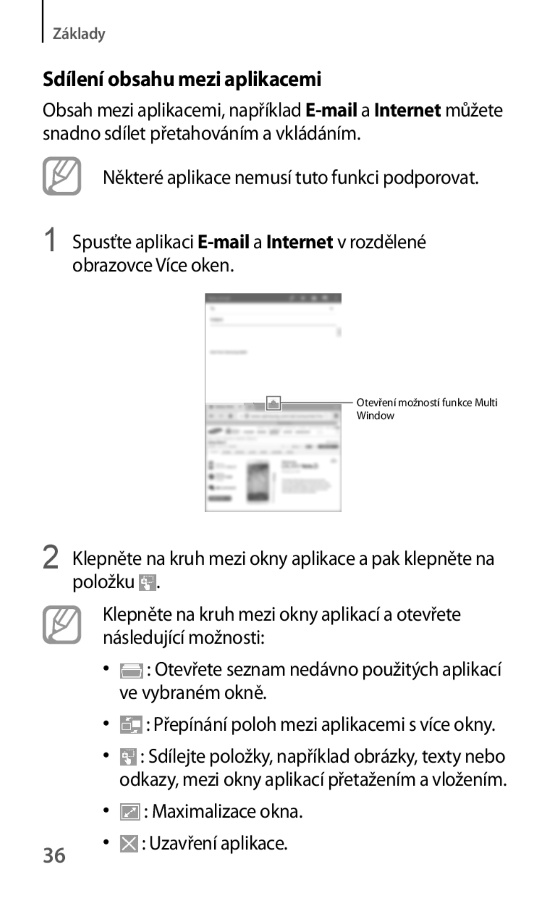 Samsung SM-T325NZKAXEZ, SM-T325NZKAXEO, SM-T325NZWAXEZ Sdílení obsahu mezi aplikacemi, Maximalizace okna Uzavření aplikace 