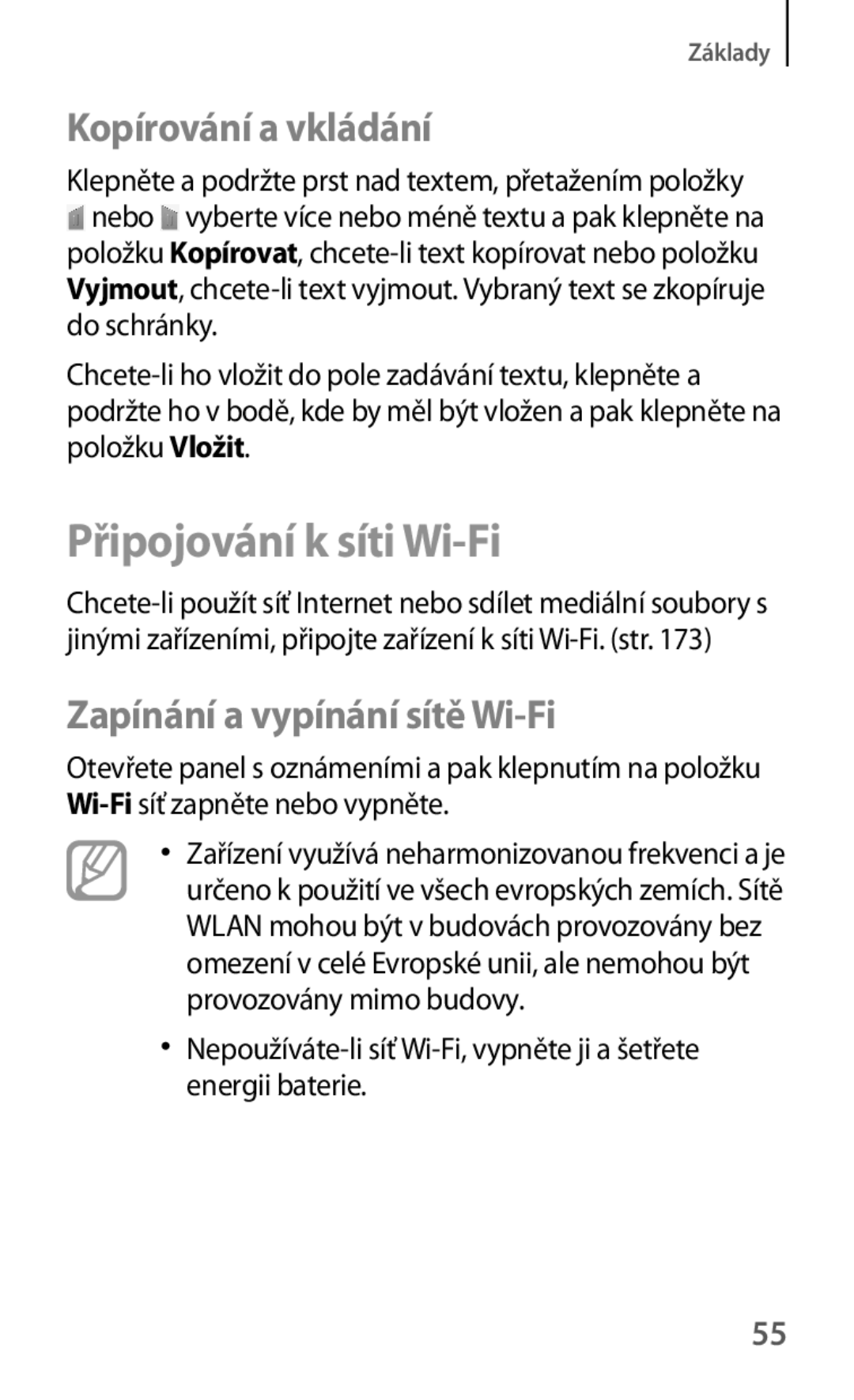 Samsung SM-T325NZKAXEO, SM-T325NZKAXEZ Připojování k síti Wi-Fi, Kopírování a vkládání, Zapínání a vypínání sítě Wi-Fi 