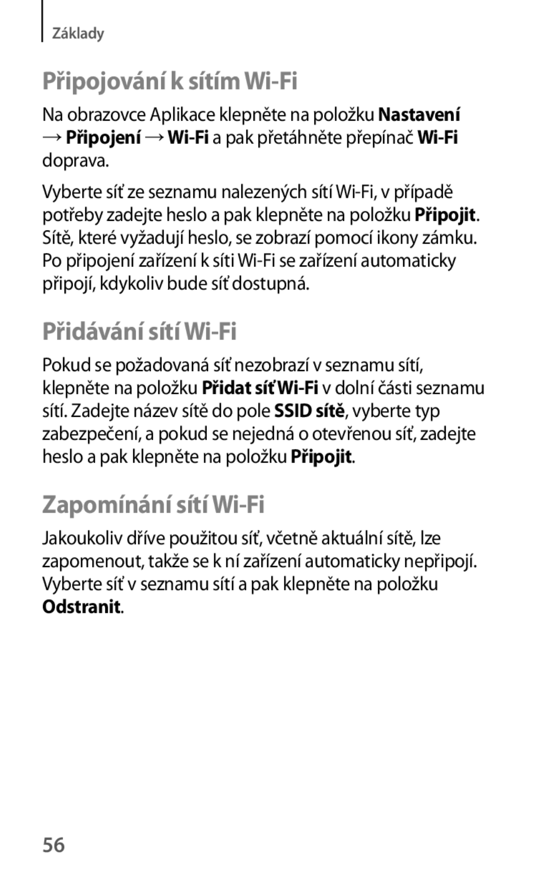 Samsung SM-T325NZWAXEZ, SM-T325NZKAXEZ manual Připojování k sítím Wi-Fi, Přidávání sítí Wi-Fi, Zapomínání sítí Wi-Fi 