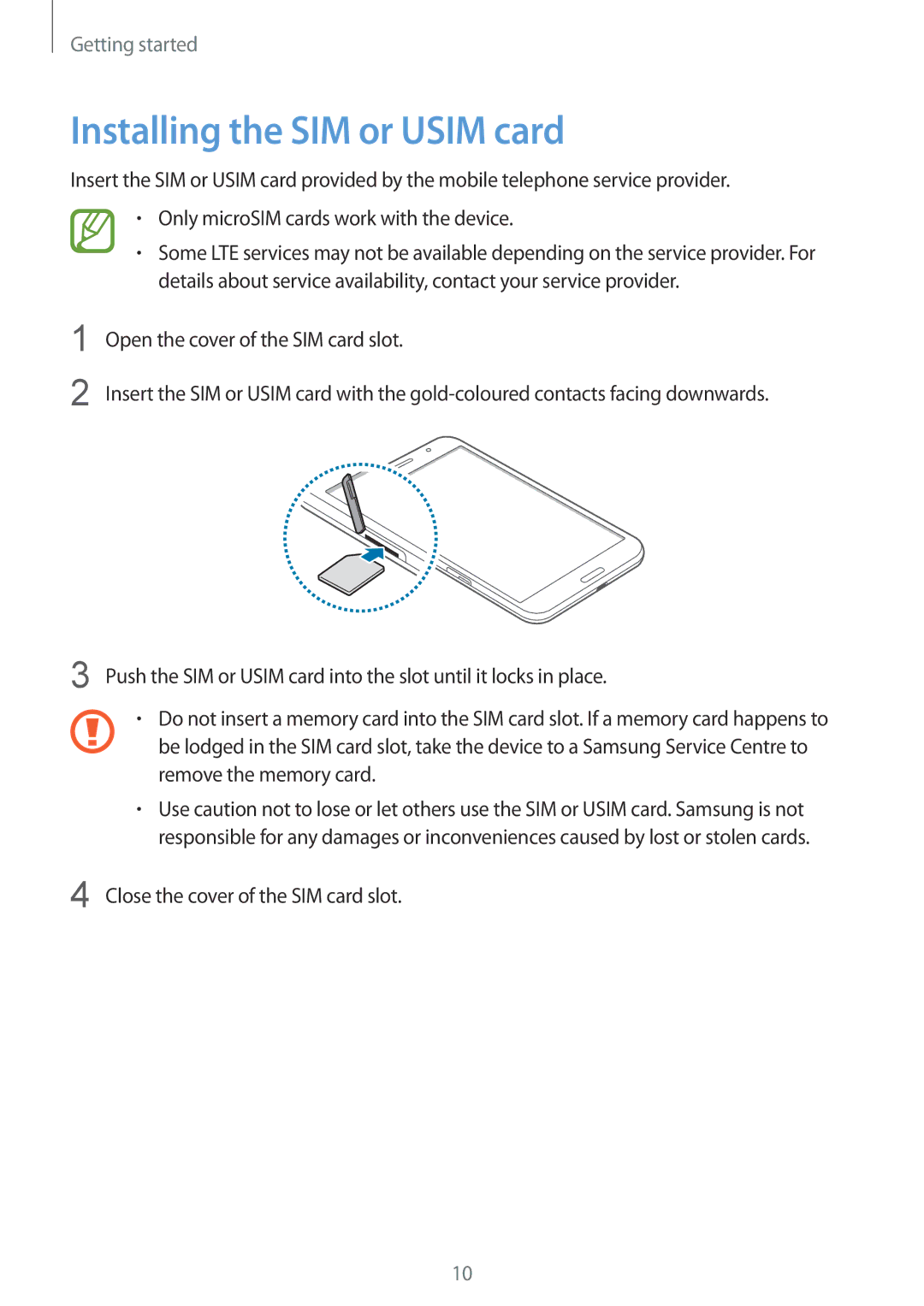 Samsung SM-T325NZWABGL, SM-T325NZWAATO, SM-T325NZKAATO, SM-T325NZWADBT, SM-T325NZKADBT manual Installing the SIM or Usim card 