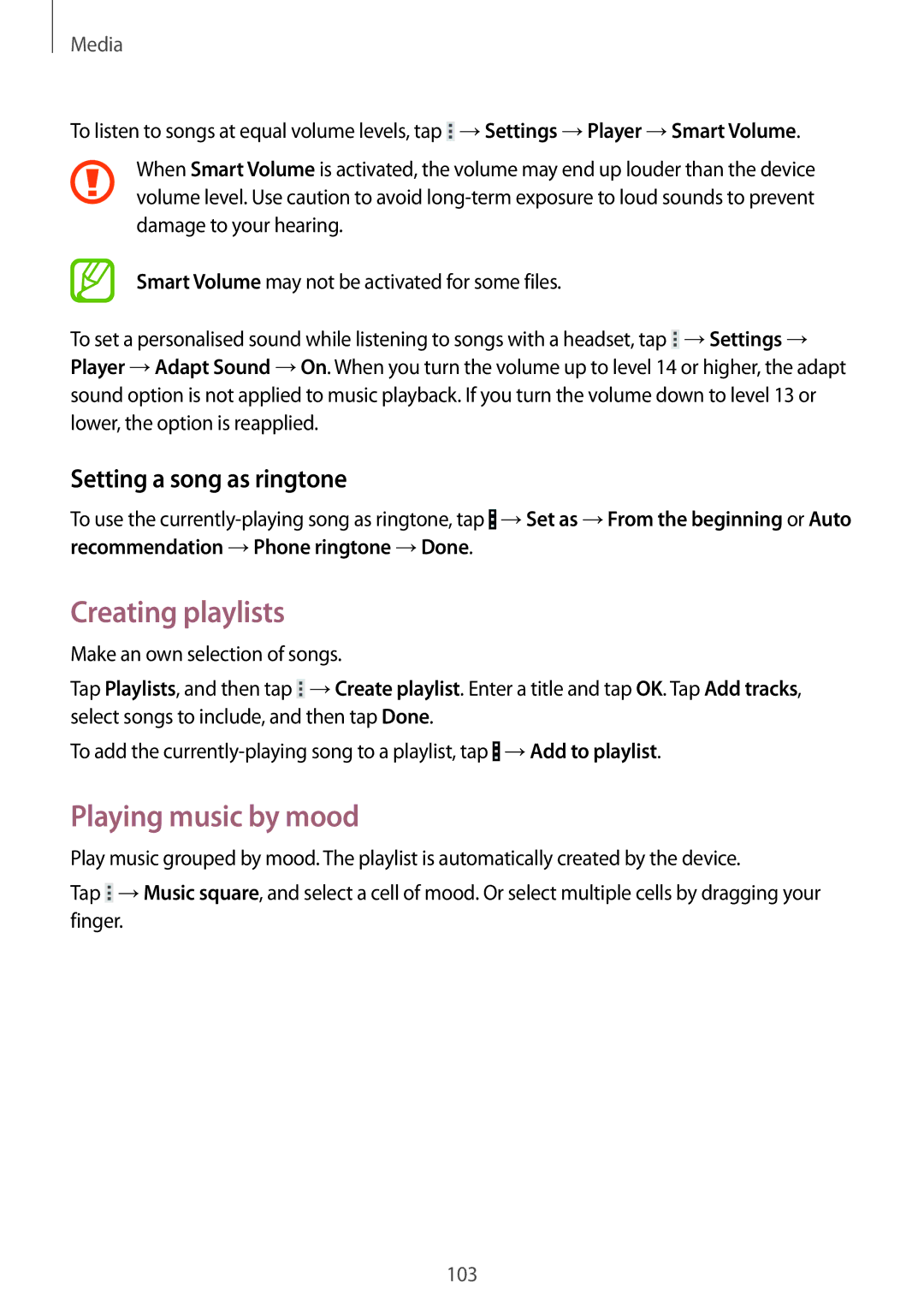 Samsung SM-T325NZKAPHE, SM-T325NZWAATO manual Creating playlists, Playing music by mood, Setting a song as ringtone 