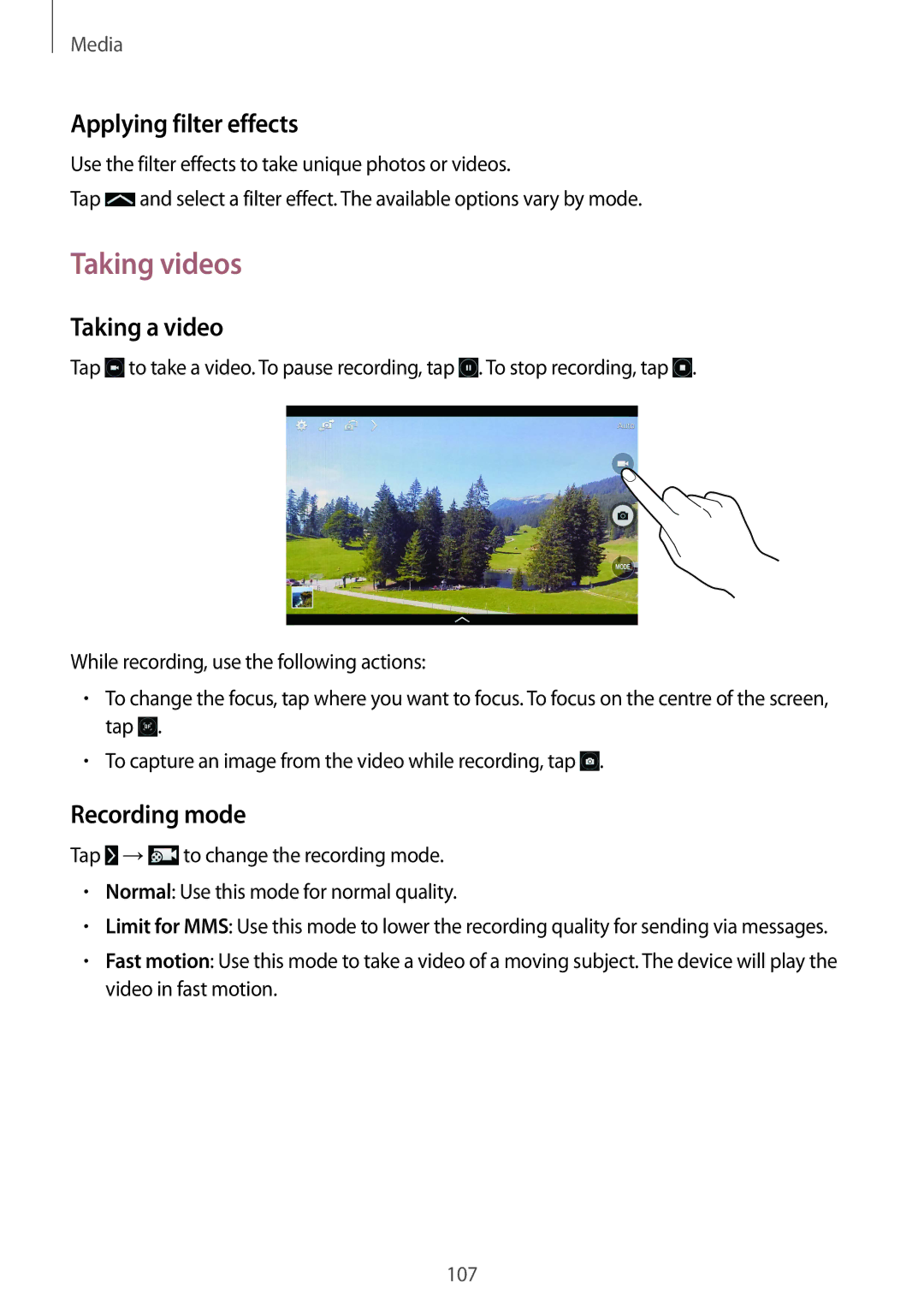 Samsung SM-T325NZKAXEO, SM-T325NZWAATO manual Taking videos, Applying filter effects, Taking a video, Recording mode 