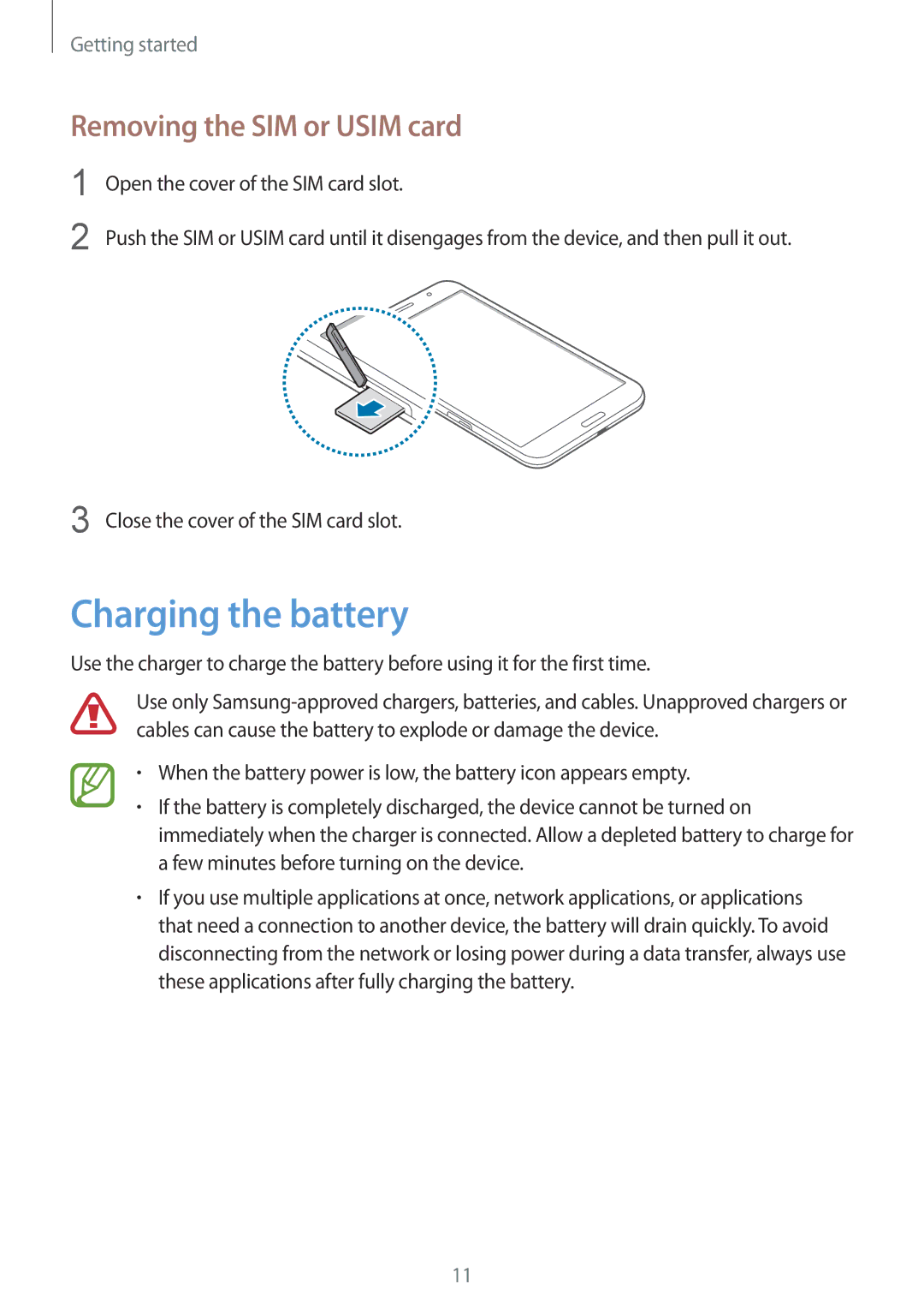 Samsung SM-T325NZKAXEZ, SM-T325NZWAATO, SM-T325NZKAATO, SM-T325NZWADBT Charging the battery, Removing the SIM or Usim card 