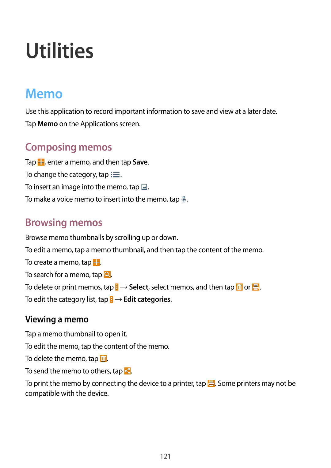 Samsung SM-T325NZWAPHE, SM-T325NZWAATO, SM-T325NZKAATO Utilities, Memo, Composing memos, Browsing memos, Viewing a memo 