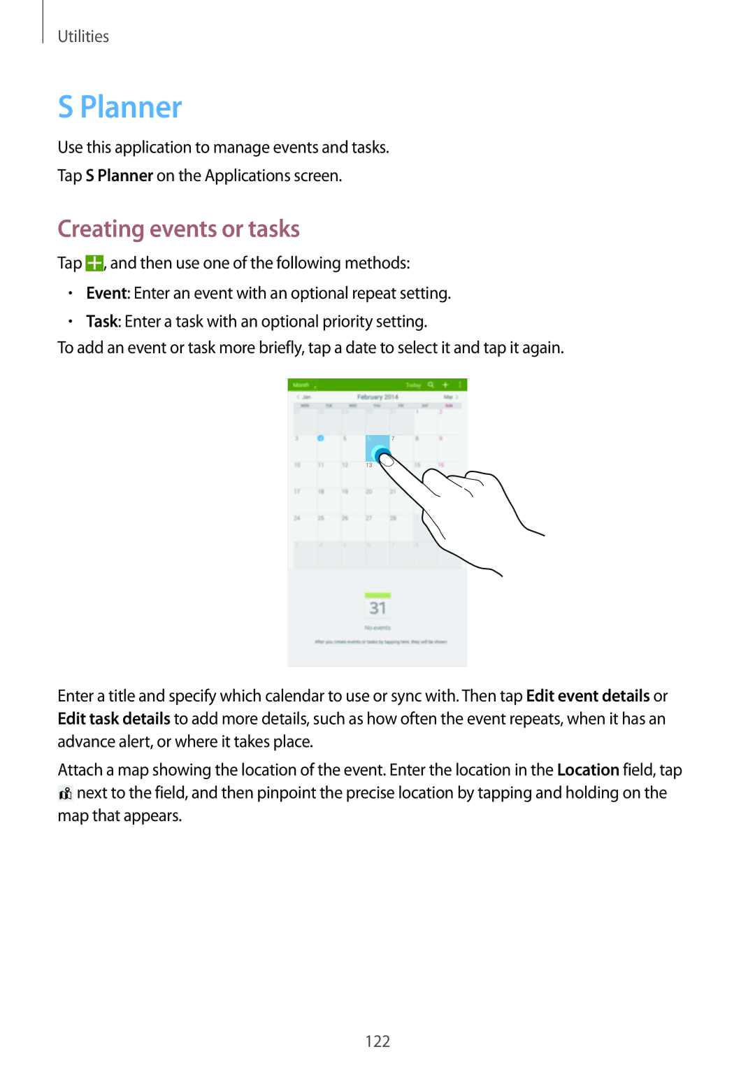 Samsung SM-T325NZKAPHE, SM-T325NZWAATO, SM-T325NZKAATO, SM-T325NZWADBT, SM-T325NZKADBT manual Planner, Creating events or tasks 