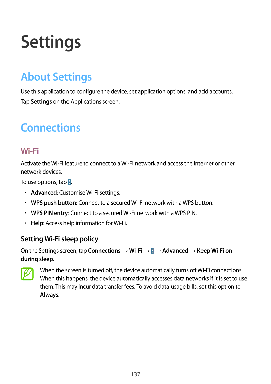 Samsung SM-T325NZWAXEF, SM-T325NZWAATO, SM-T325NZKAATO manual About Settings, Connections, Setting Wi-Fi sleep policy 