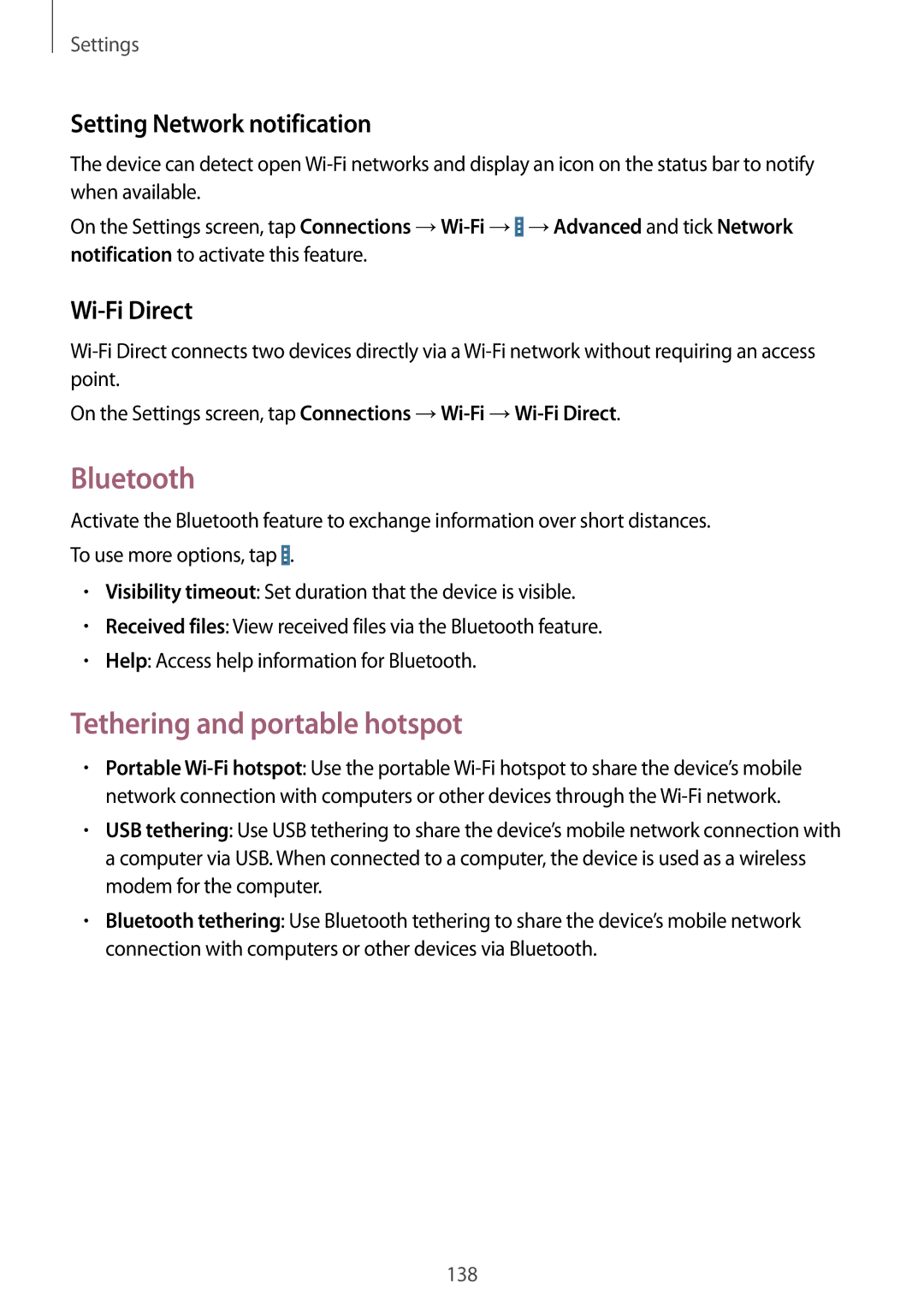 Samsung SM-T325NZWAITV manual Bluetooth, Tethering and portable hotspot, Setting Network notification, Wi-Fi Direct 