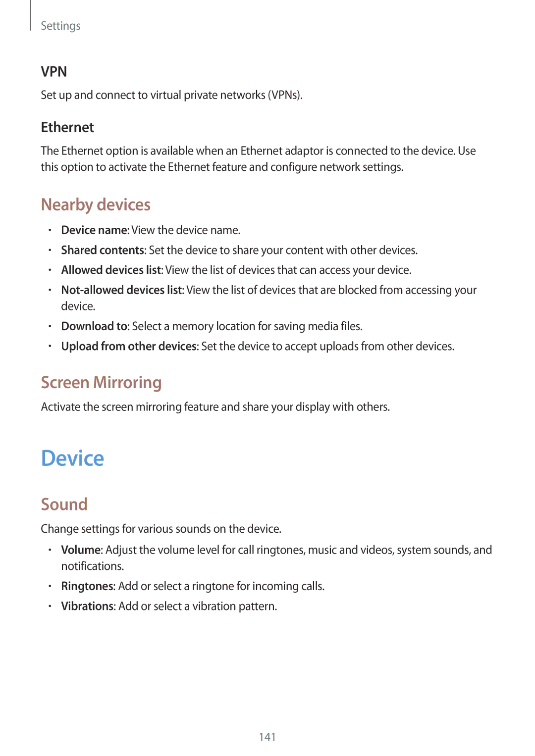 Samsung SM-T325NZKAPHE, SM-T325NZWAATO, SM-T325NZKAATO manual Device, Nearby devices, Screen Mirroring, Sound, Ethernet 