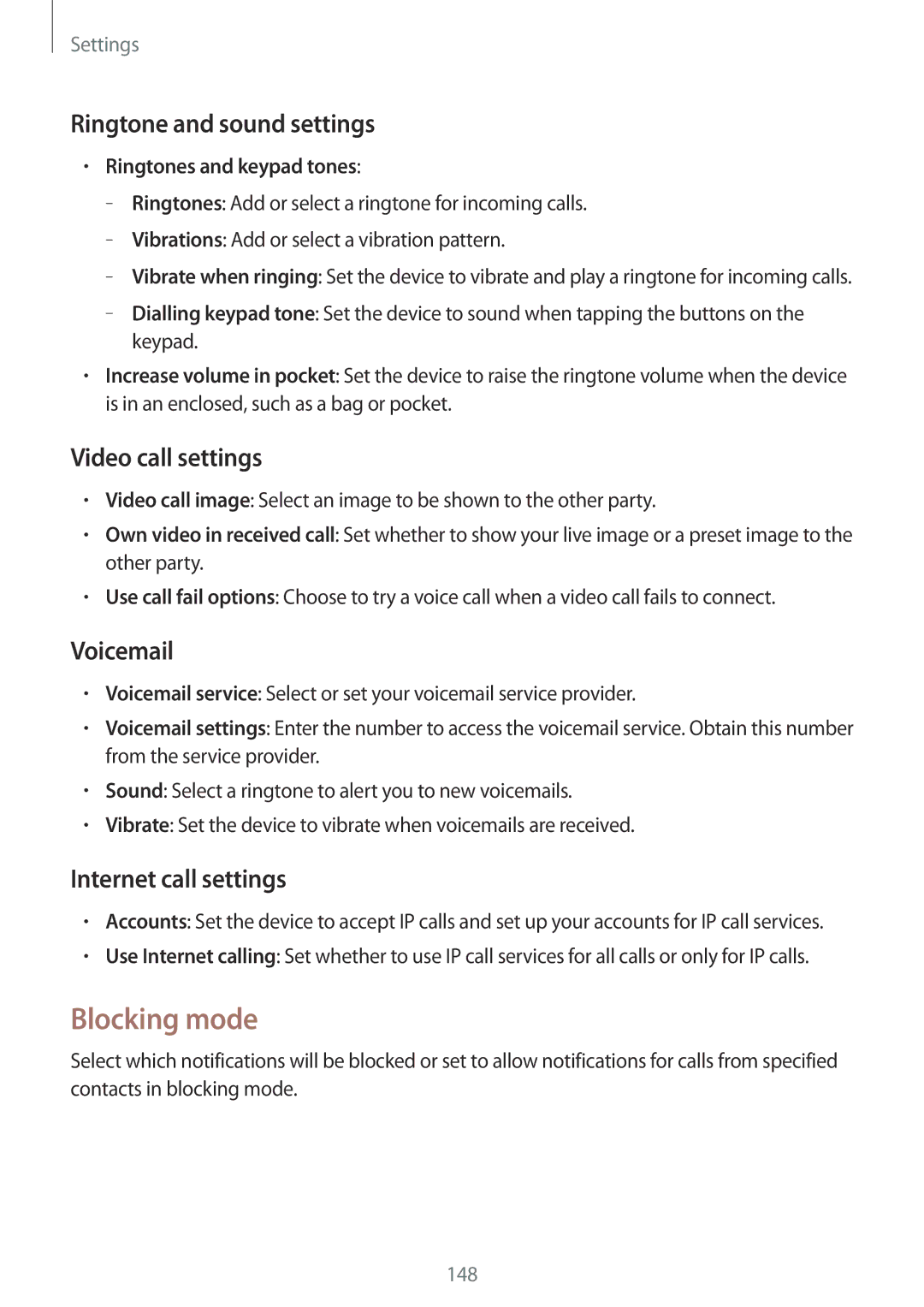 Samsung SM-T325NZWENEE Blocking mode, Ringtone and sound settings, Video call settings, Voicemail, Internet call settings 