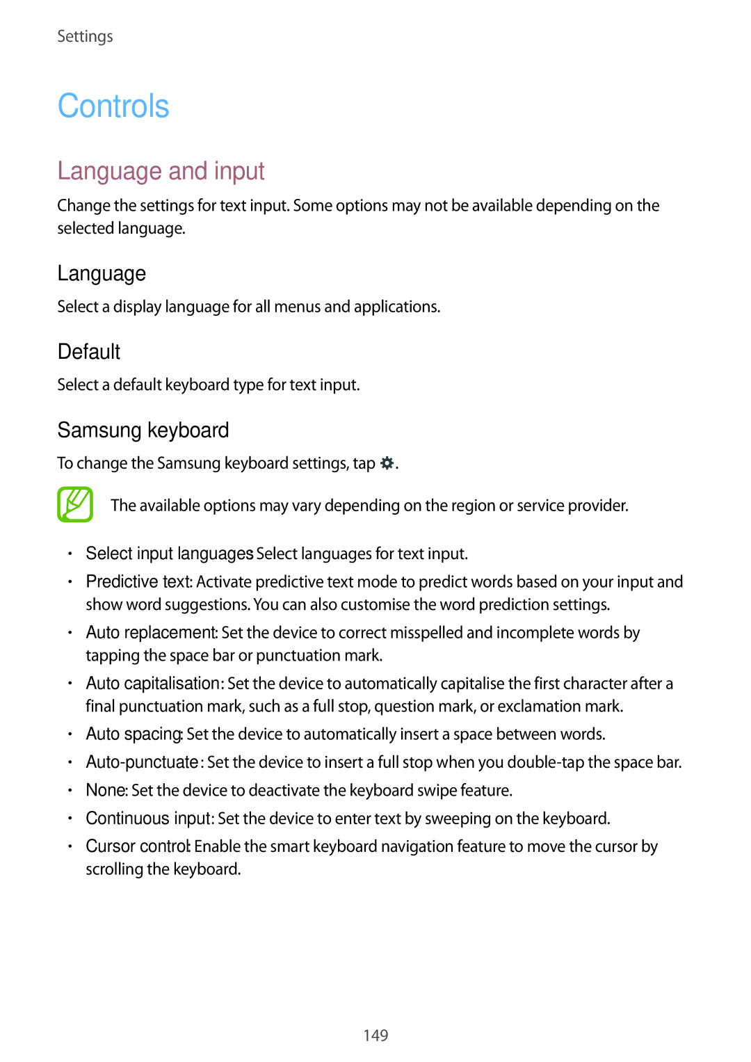 Samsung SM-T325NZWANEE, SM-T325NZWAATO, SM-T325NZKAATO manual Controls, Language and input, Default, Samsung keyboard 