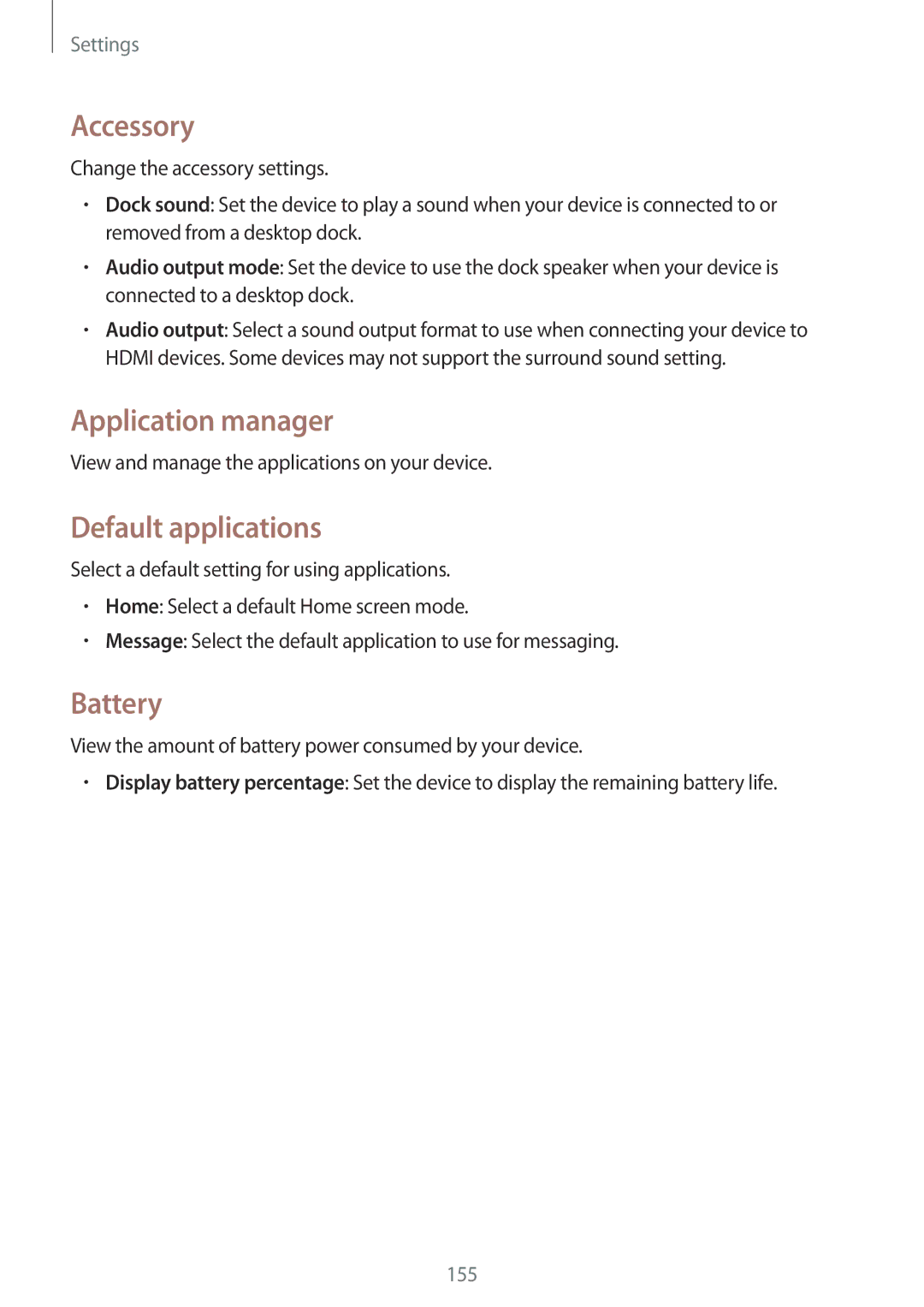 Samsung SM-T325NZKADBT, SM-T325NZWAATO, SM-T325NZKAATO manual Accessory, Application manager, Default applications, Battery 