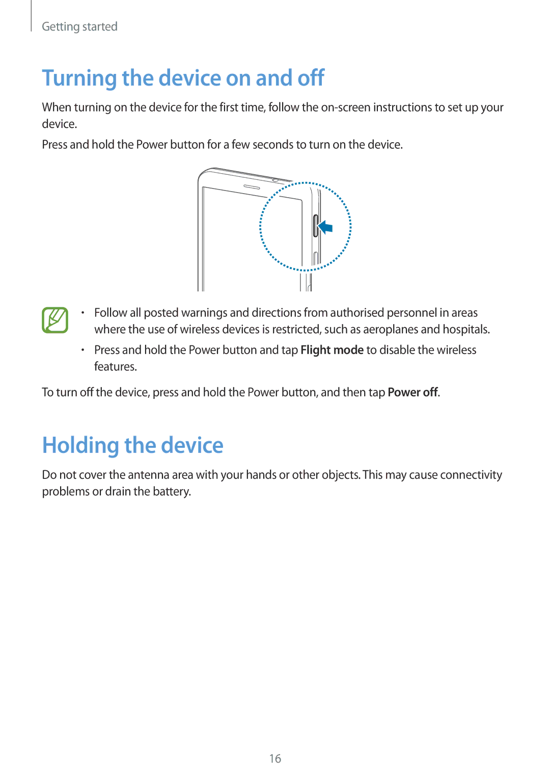 Samsung SM-T325NZWANEE, SM-T325NZWAATO, SM-T325NZKAATO, SM-T325NZWADBT Turning the device on and off, Holding the device 