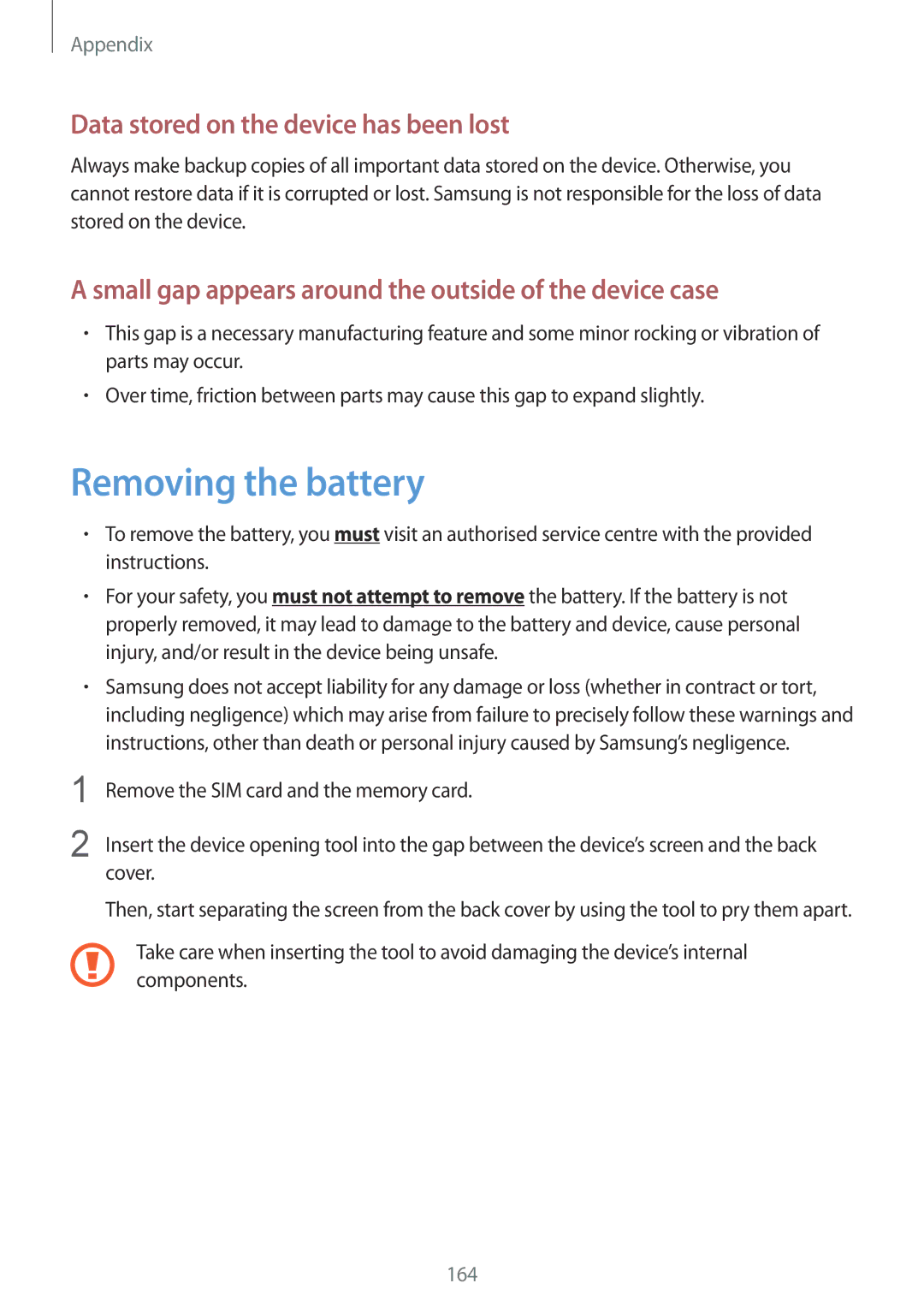 Samsung SM-T325NZKAXEO, SM-T325NZWAATO, SM-T325NZKAATO manual Removing the battery, Data stored on the device has been lost 