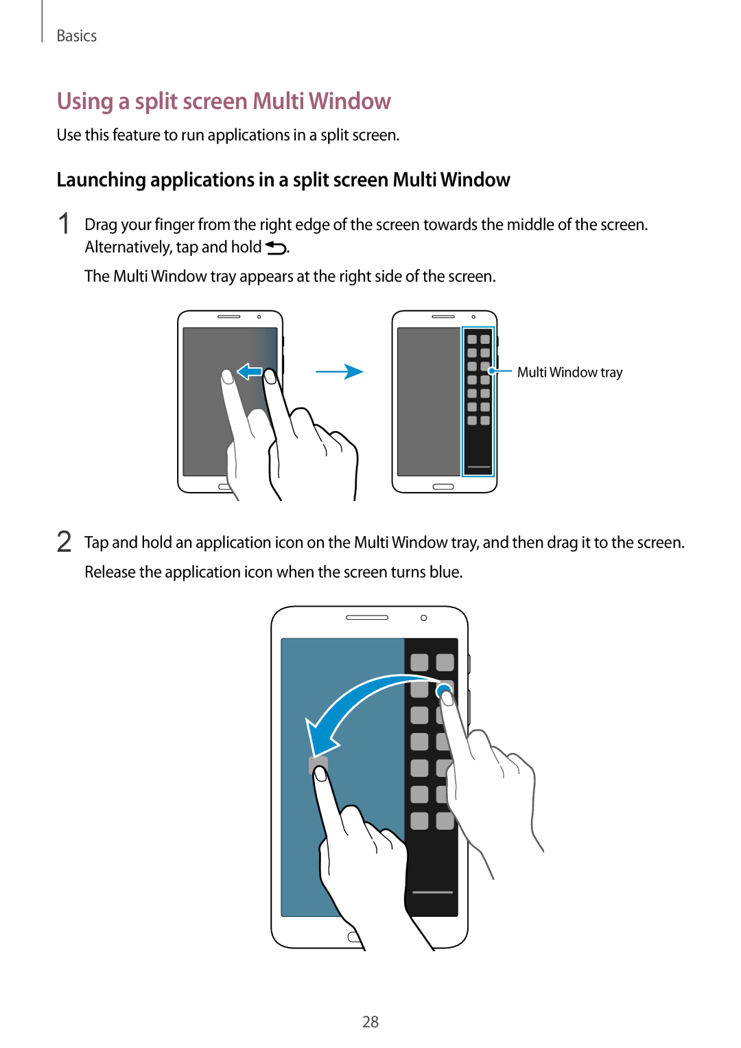 Samsung SM-T325NZKABGL manual Using a split screen Multi Window, Launching applications in a split screen Multi Window 