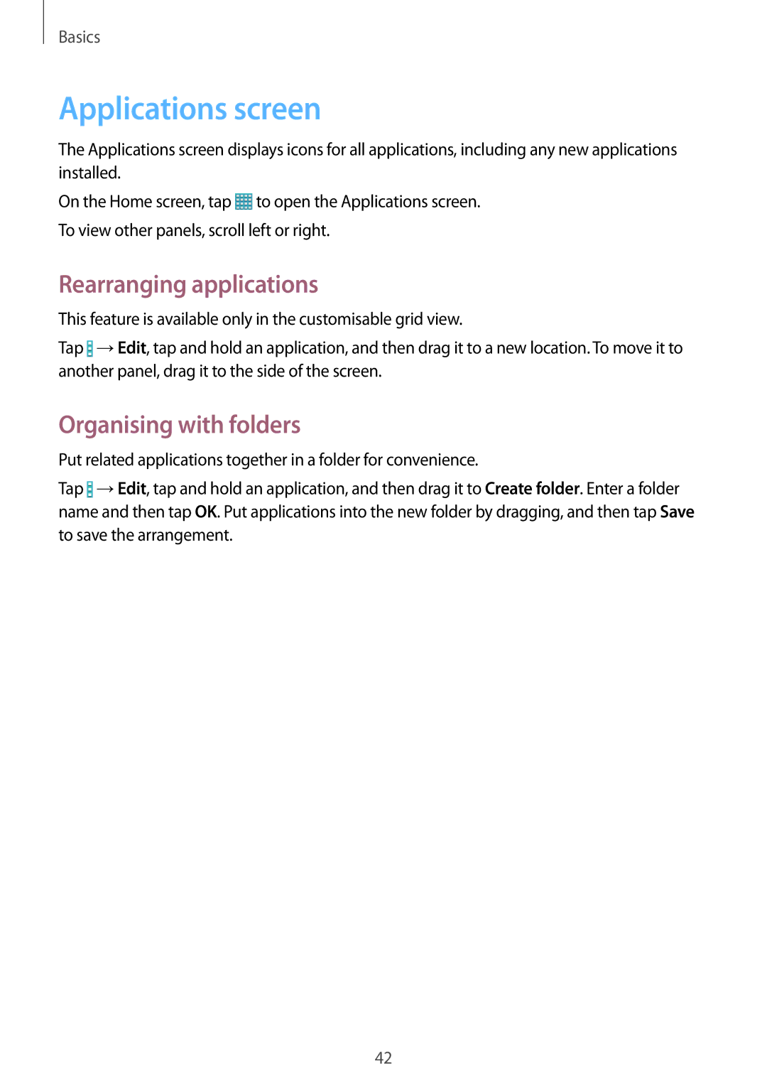 Samsung SM-T325NZWAXEF, SM-T325NZWAATO manual Applications screen, Rearranging applications, Organising with folders 