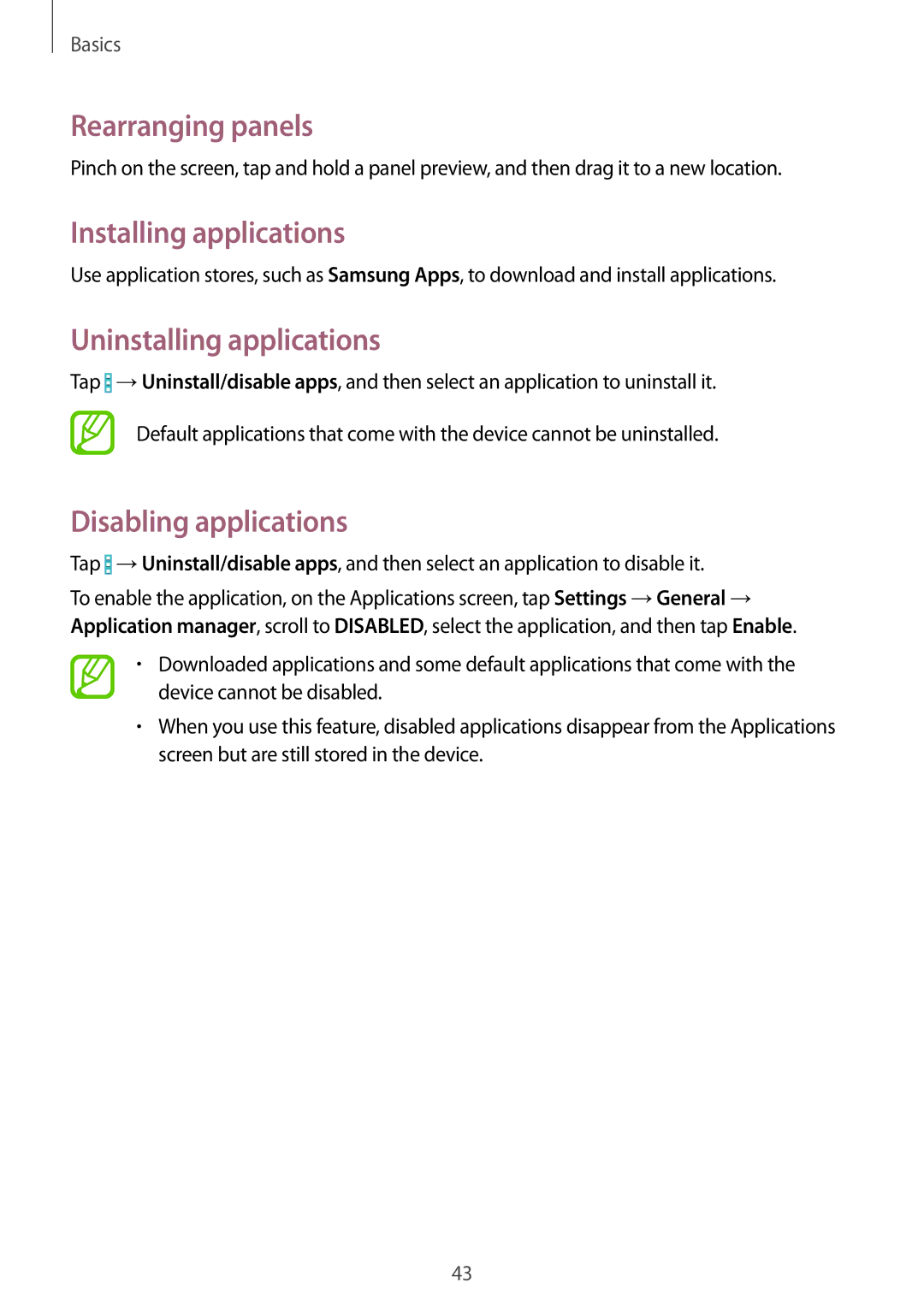 Samsung SM-T325NZWAITV Rearranging panels, Installing applications, Uninstalling applications, Disabling applications 