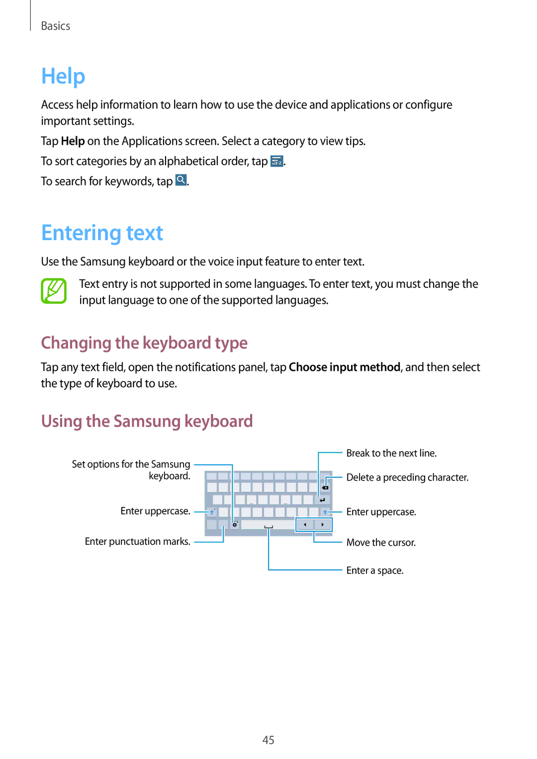 Samsung SM-T325NZWAPHE, SM-T325NZWAATO, SM-T325NZKAATO, SM-T325NZWADBT manual Help, Entering text, Changing the keyboard type 