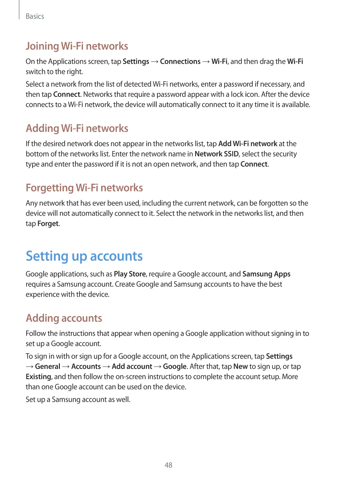 Samsung SM-T325NZWABGL manual Setting up accounts, Joining Wi-Fi networks, Adding Wi-Fi networks, Forgetting Wi-Fi networks 