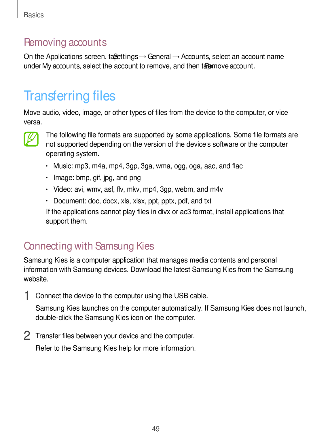 Samsung SM-T325NZKAXEZ, SM-T325NZWAATO, SM-T325NZKAATO Transferring files, Removing accounts, Connecting with Samsung Kies 