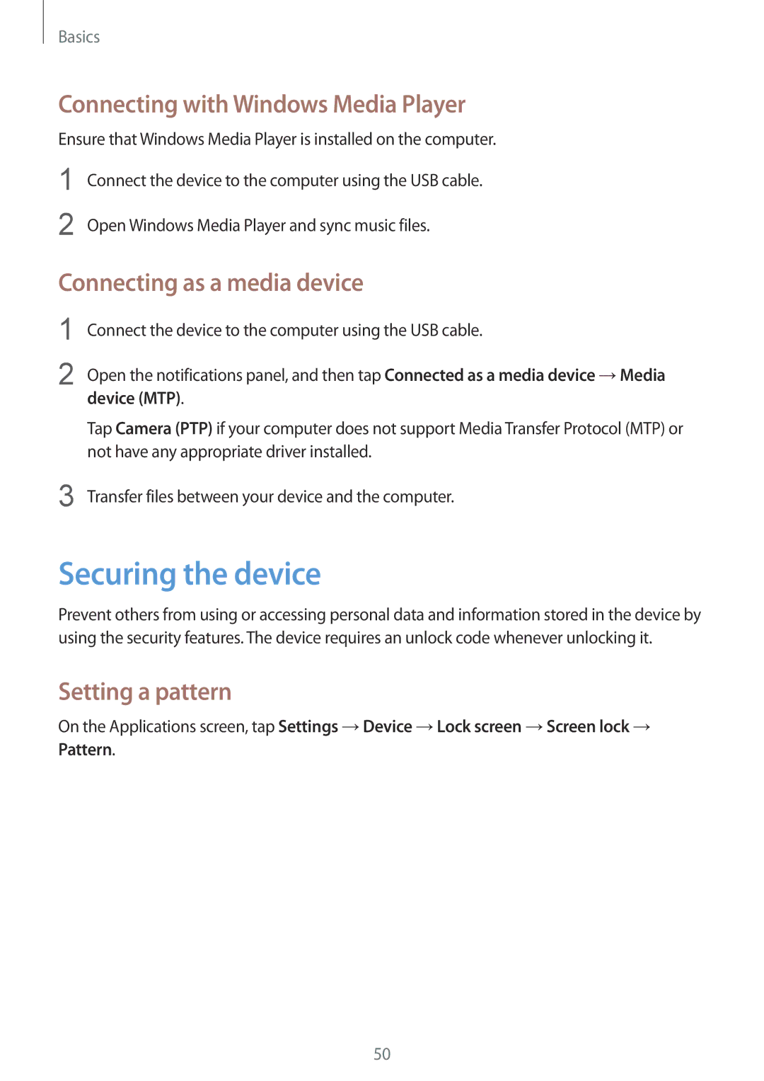 Samsung SM-T325NZKAXEO Securing the device, Connecting with Windows Media Player, Connecting as a media device, Device MTP 