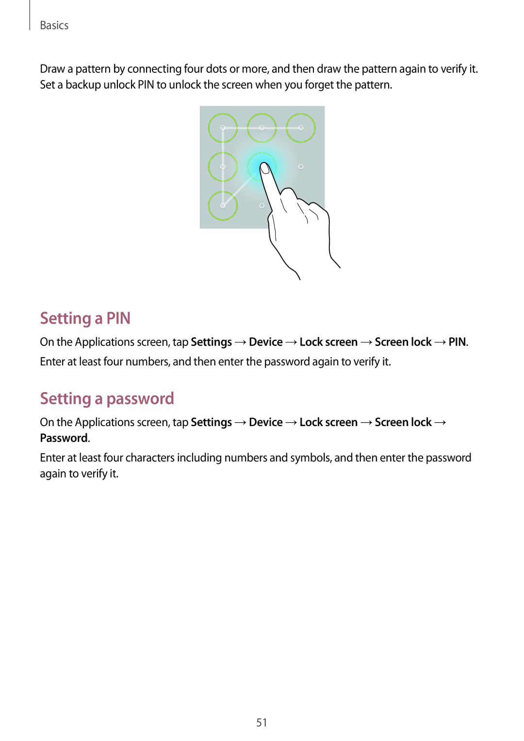 Samsung SM-T325NZWAXEZ, SM-T325NZWAATO, SM-T325NZKAATO, SM-T325NZWADBT, SM-T325NZKADBT manual Setting a PIN, Setting a password 