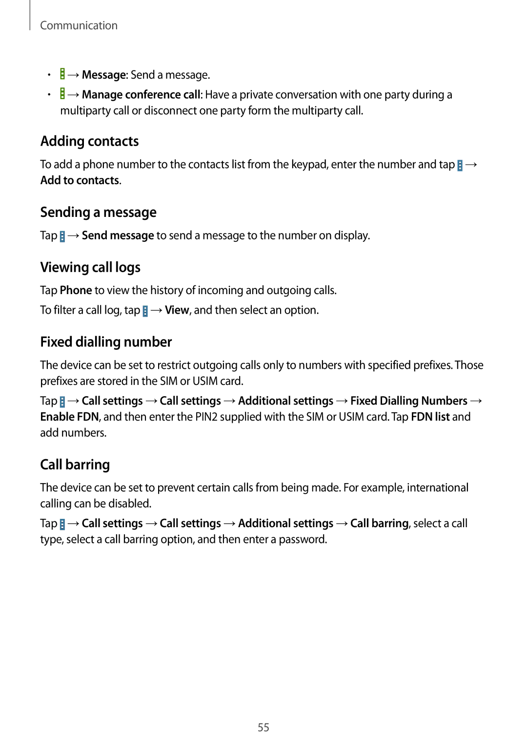 Samsung SM-T325NZWASER manual Adding contacts, Sending a message, Viewing call logs, Fixed dialling number, Call barring 