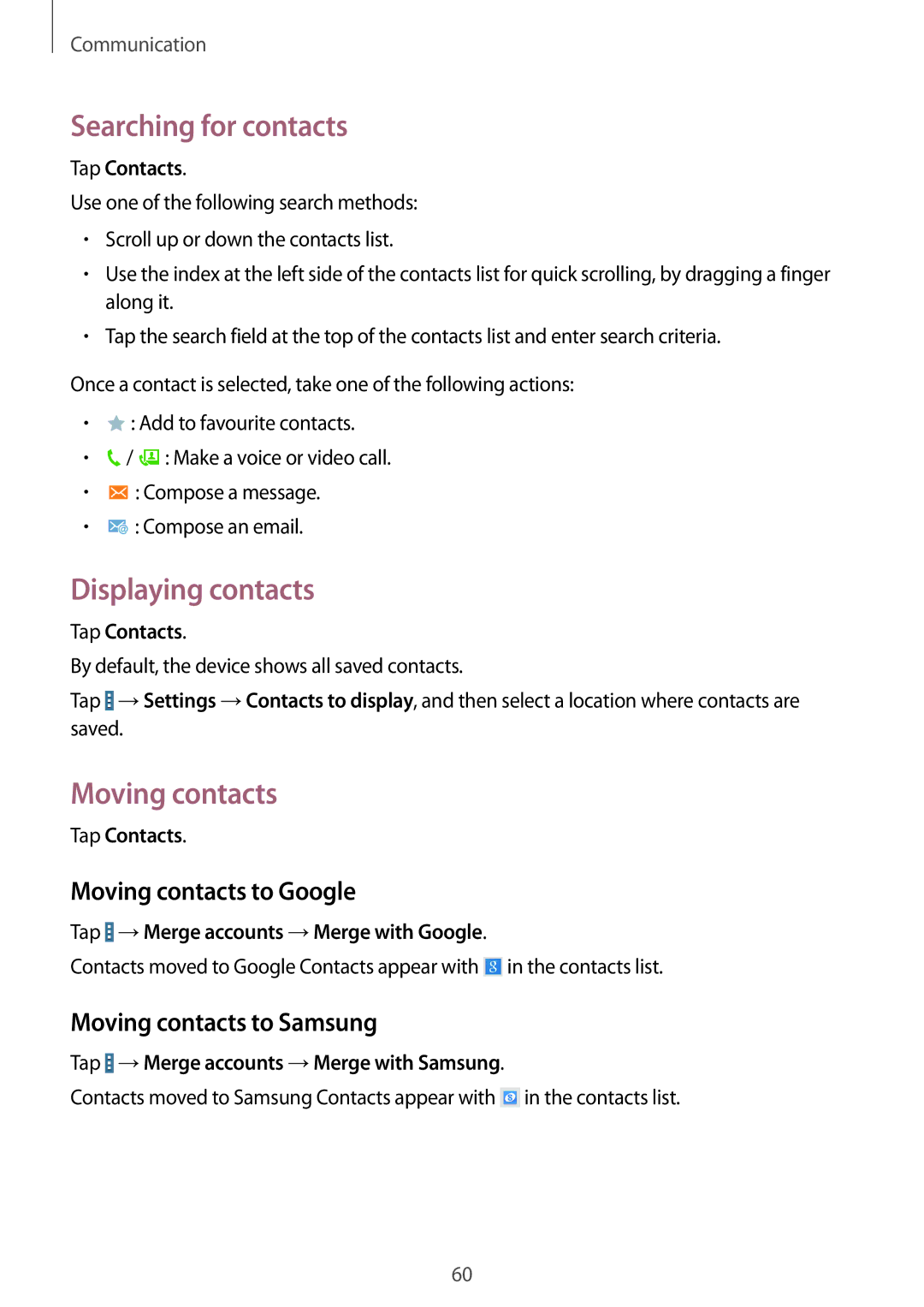 Samsung SM-T325NZKADBT, SM-T325NZWAATO manual Searching for contacts, Displaying contacts, Moving contacts to Google 