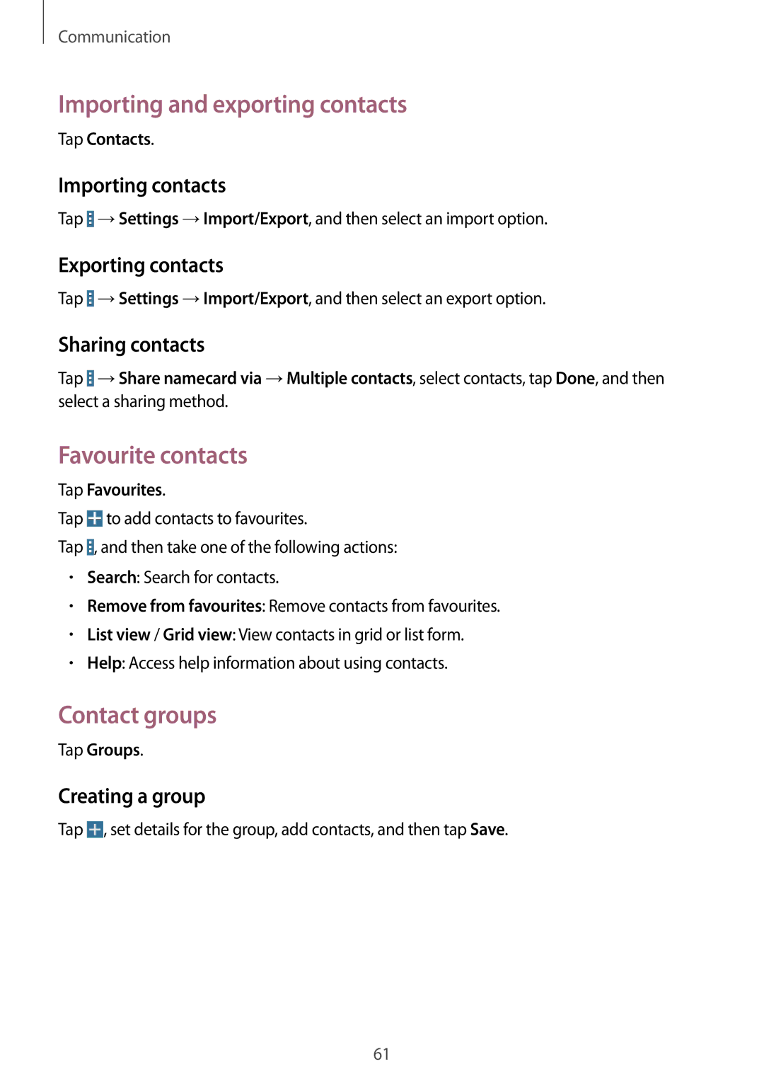 Samsung SM-T325NZWAXEF, SM-T325NZWAATO, SM-T325NZKAATO Importing and exporting contacts, Favourite contacts, Contact groups 