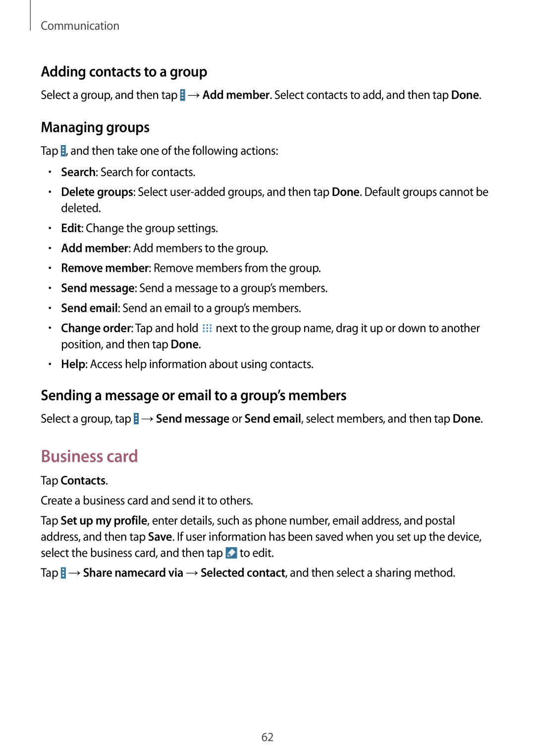 Samsung SM-T325NZWAITV, SM-T325NZWAATO, SM-T325NZKAATO manual Business card, Adding contacts to a group, Managing groups 