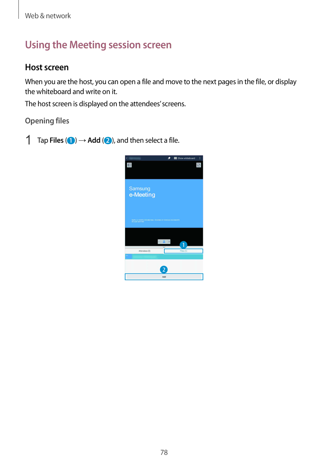 Samsung SM-T325NZWADBT, SM-T325NZWAATO, SM-T325NZKAATO, SM-T325NZKADBT manual Using the Meeting session screen, Host screen 