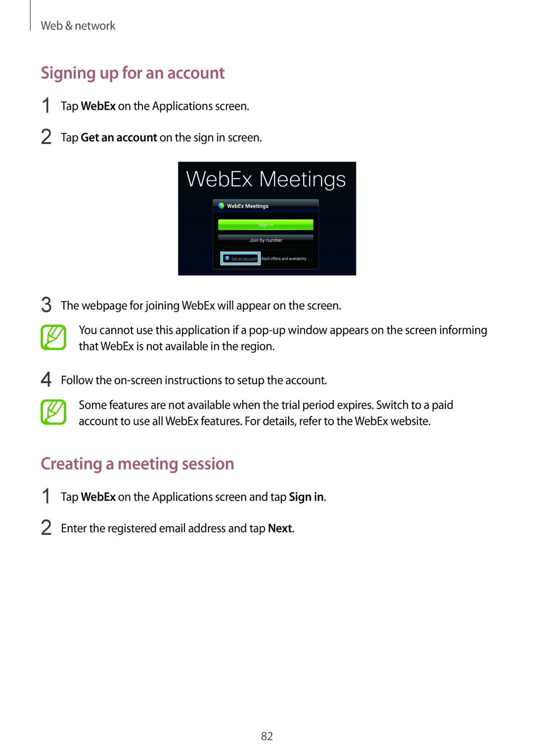 Samsung SM-T325NZWAXEO, SM-T325NZWAATO, SM-T325NZKAATO, SM-T325NZWADBT Signing up for an account, Creating a meeting session 