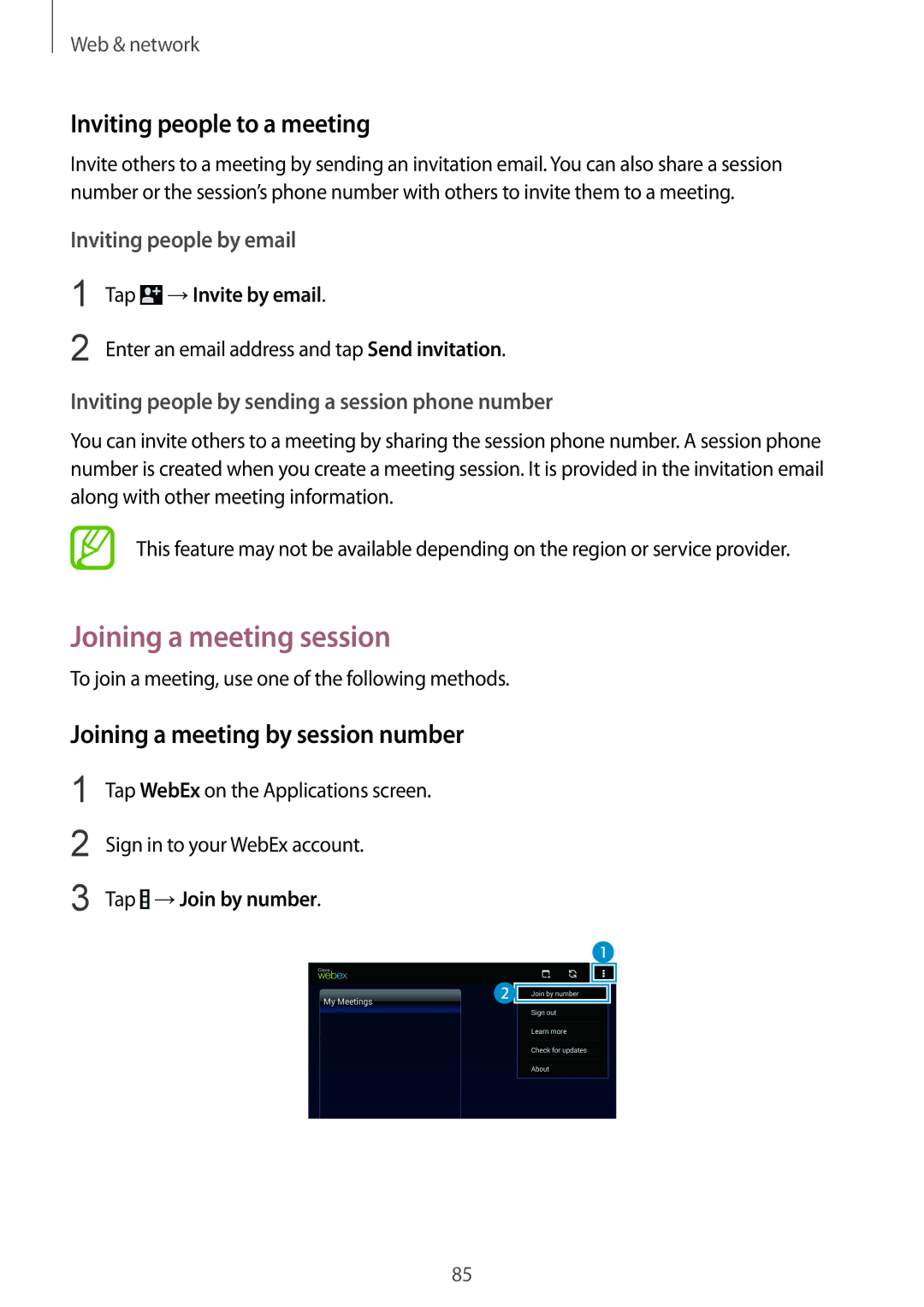 Samsung SM-T325NZKABGL manual Joining a meeting session, Inviting people to a meeting, Joining a meeting by session number 