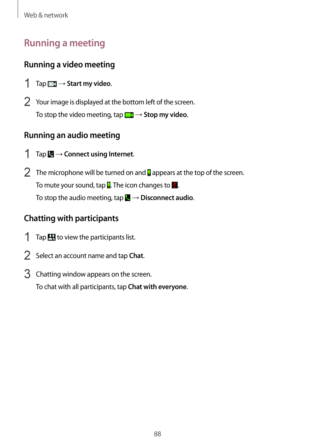 Samsung SM-T325NZKAXEO manual Running a meeting, Running a video meeting, Chatting with participants, Tap →Start my video 