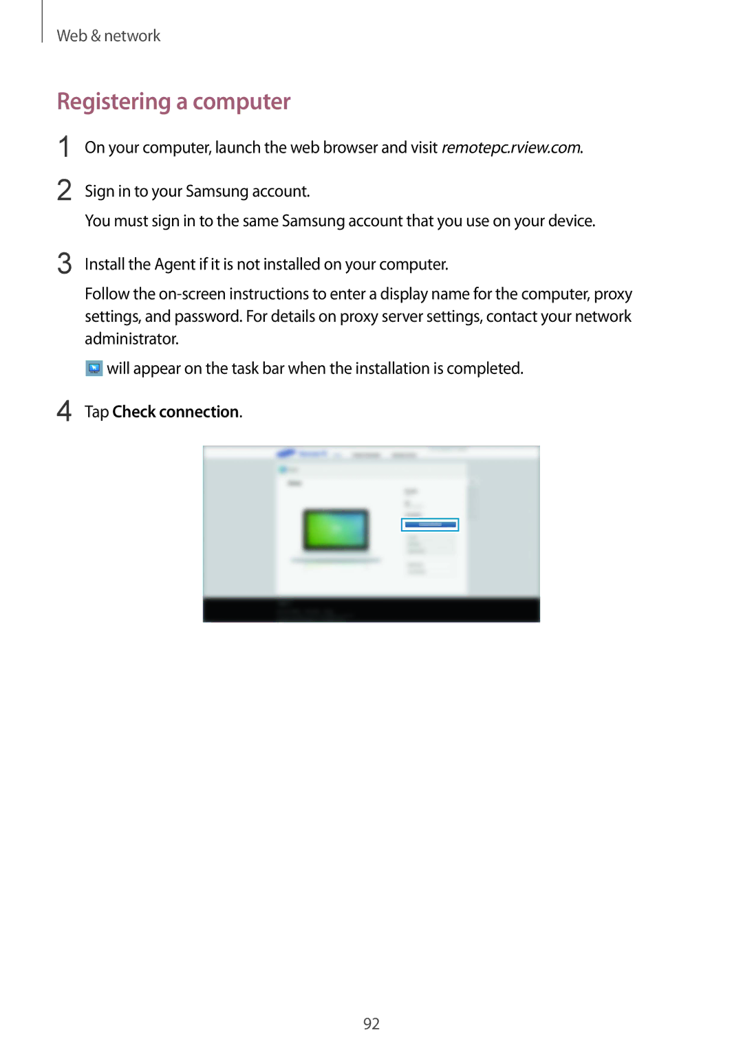 Samsung SM-T325NZWANEE, SM-T325NZWAATO, SM-T325NZKAATO, SM-T325NZWADBT manual Registering a computer, Tap Check connection 