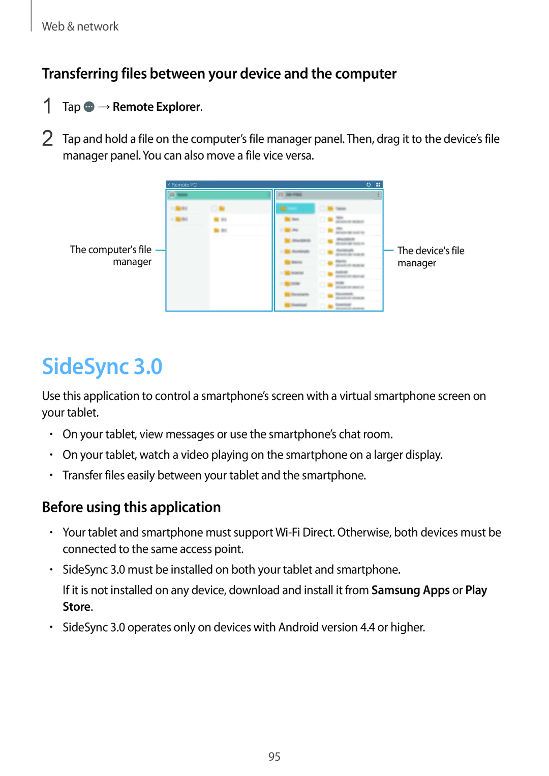 Samsung SM-T325NZWAATO manual SideSync, Transferring files between your device and the computer, Tap →Remote Explorer 