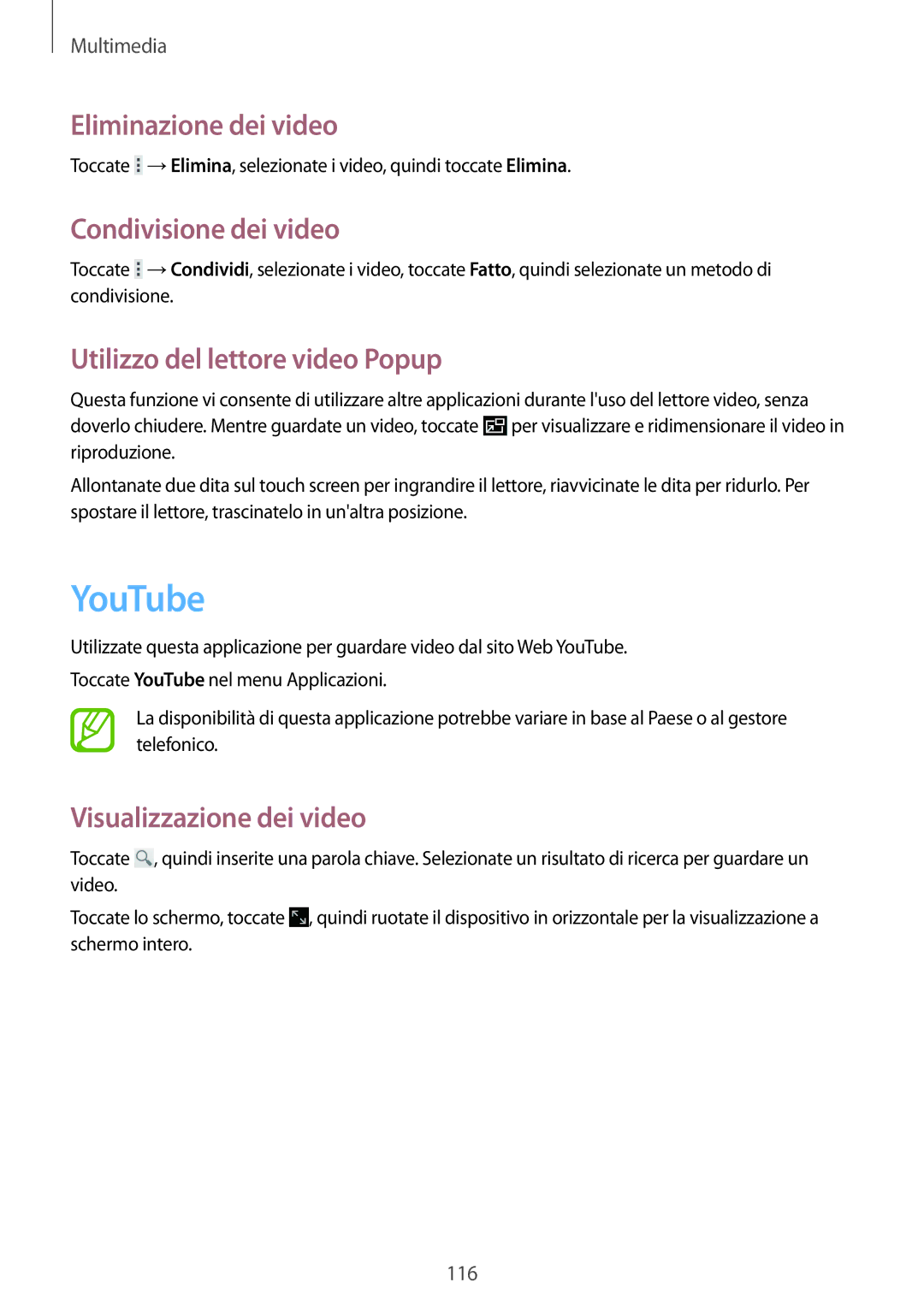 Samsung SM-T325NZWAXEO manual YouTube, Eliminazione dei video, Condivisione dei video, Utilizzo del lettore video Popup 