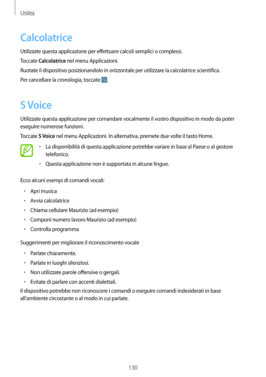 Samsung SM-T325NZWAITV, SM-T325NZWADBT, SM-T325NZWAXEO manual Calcolatrice, Voice 