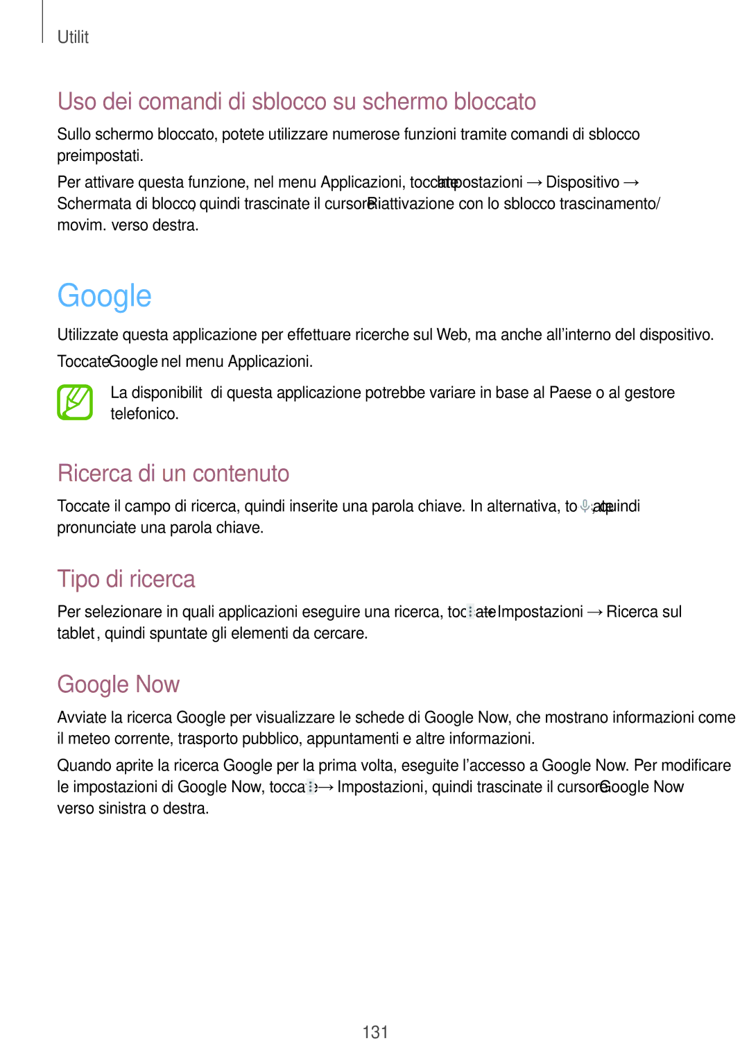 Samsung SM-T325NZWAXEO Google, Uso dei comandi di sblocco su schermo bloccato, Ricerca di un contenuto, Tipo di ricerca 