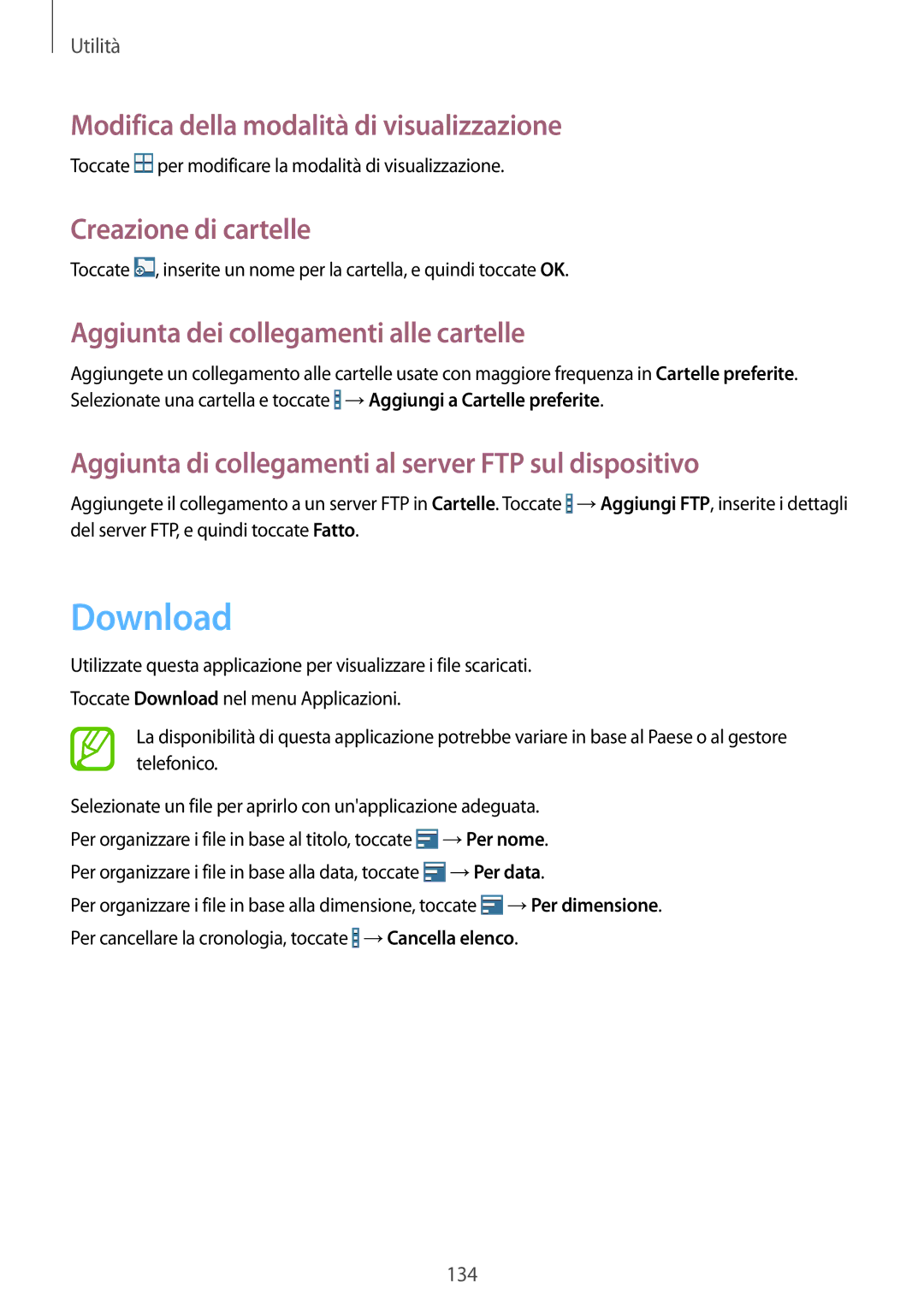 Samsung SM-T325NZWAXEO, SM-T325NZWADBT manual Download, Modifica della modalità di visualizzazione, Creazione di cartelle 