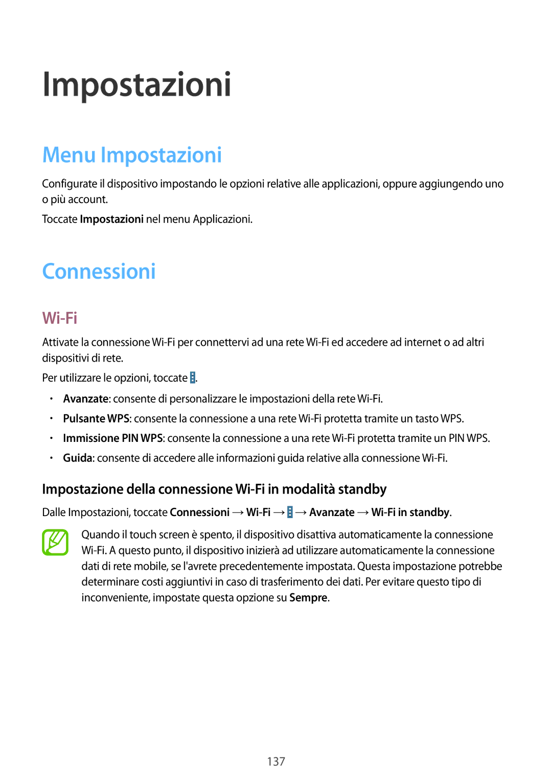 Samsung SM-T325NZWAXEO manual Menu Impostazioni, Connessioni, Impostazione della connessione Wi-Fi in modalità standby 