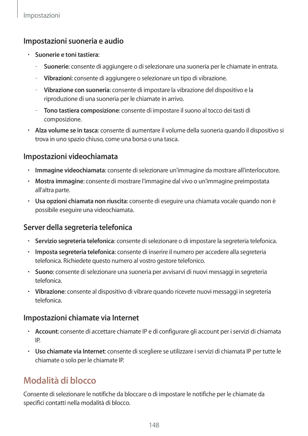 Samsung SM-T325NZWAITV, SM-T325NZWADBT manual Modalità di blocco, Impostazioni suoneria e audio, Impostazioni videochiamata 