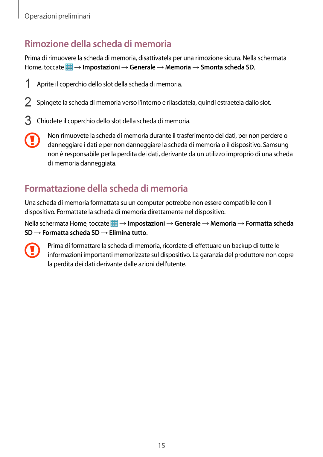 Samsung SM-T325NZWADBT, SM-T325NZWAITV manual Rimozione della scheda di memoria, Formattazione della scheda di memoria 