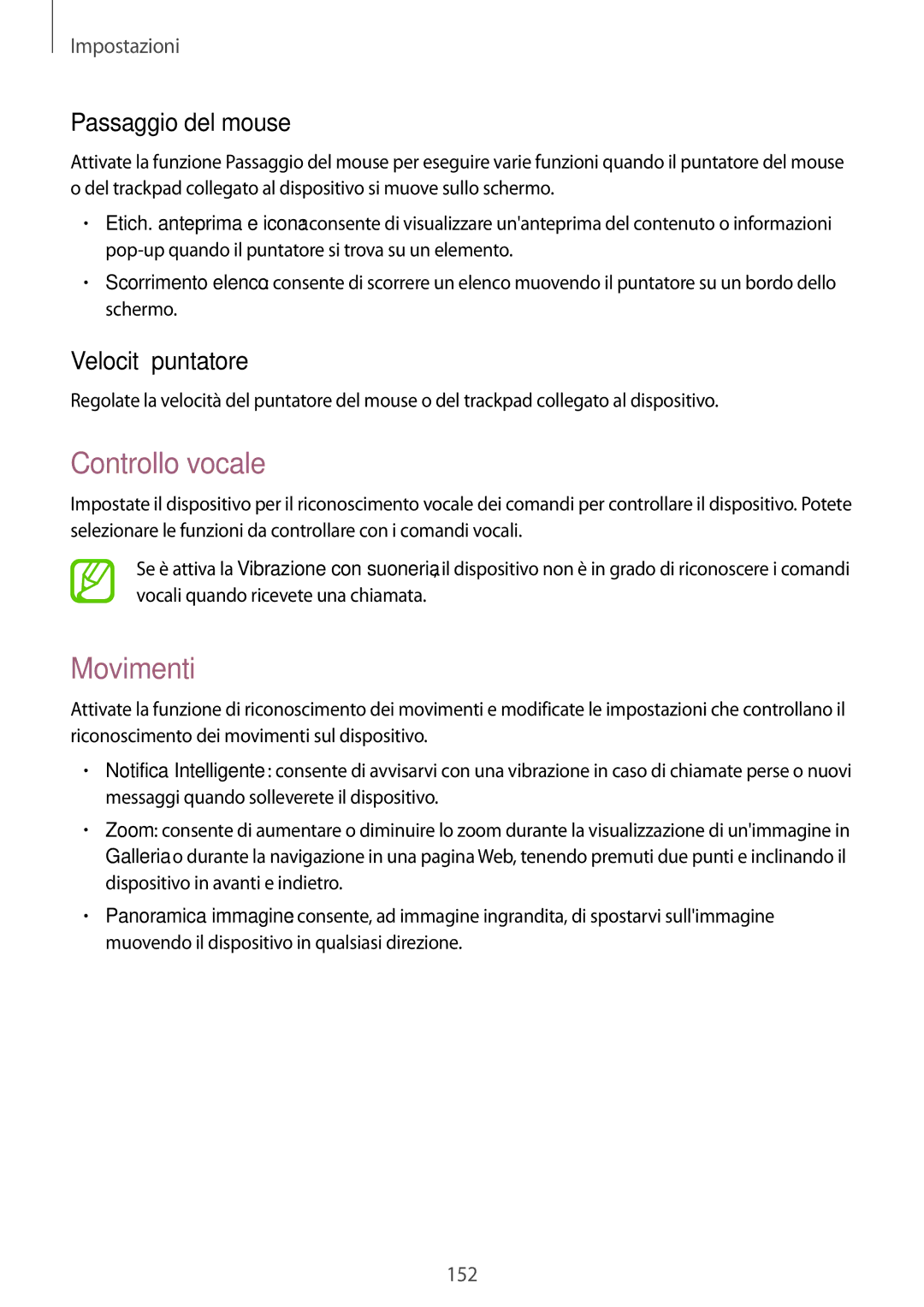 Samsung SM-T325NZWAXEO, SM-T325NZWADBT, SM-T325NZWAITV Controllo vocale, Movimenti, Passaggio del mouse, Velocità puntatore 