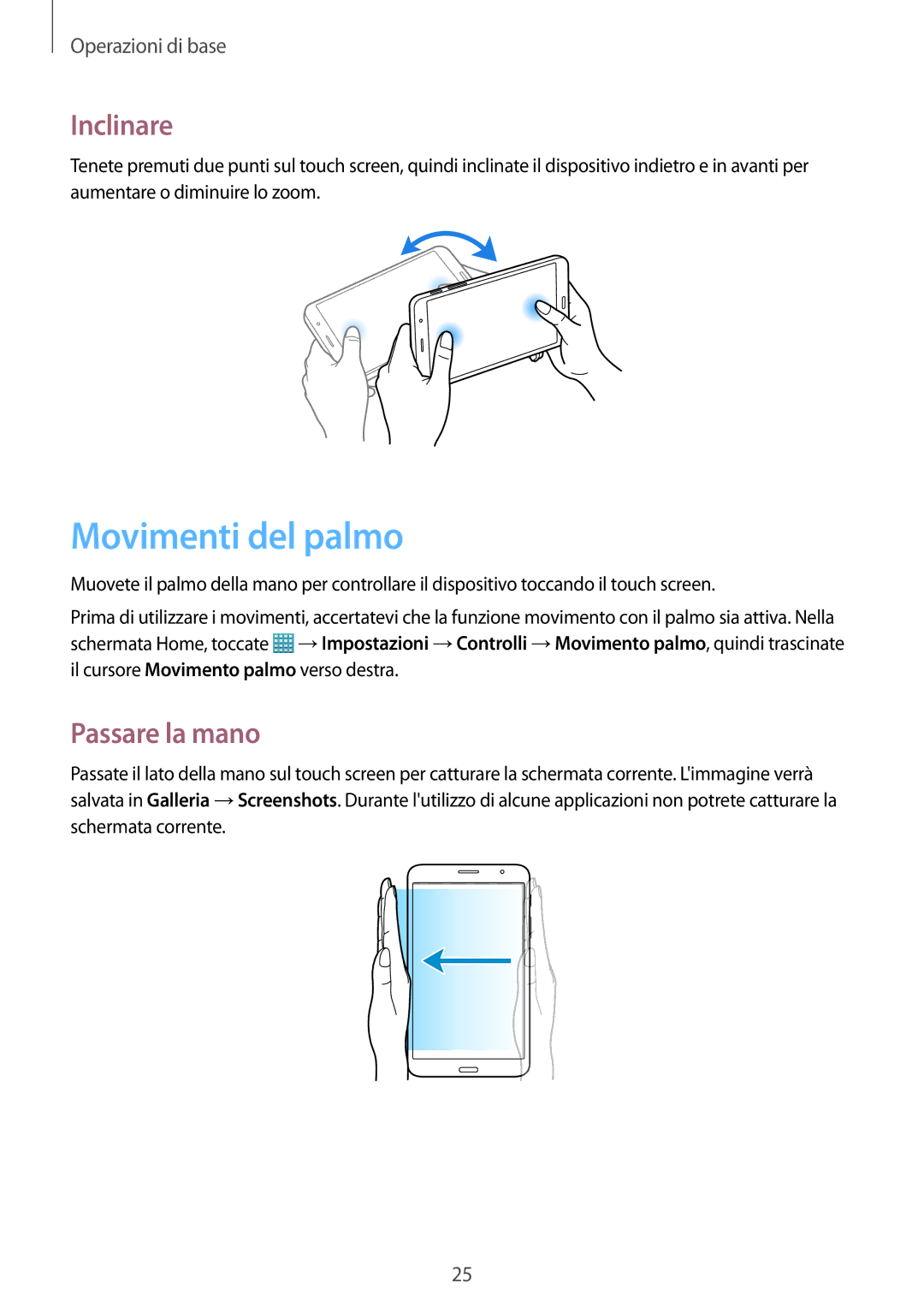 Samsung SM-T325NZWAITV, SM-T325NZWADBT, SM-T325NZWAXEO manual Movimenti del palmo, Inclinare, Passare la mano 