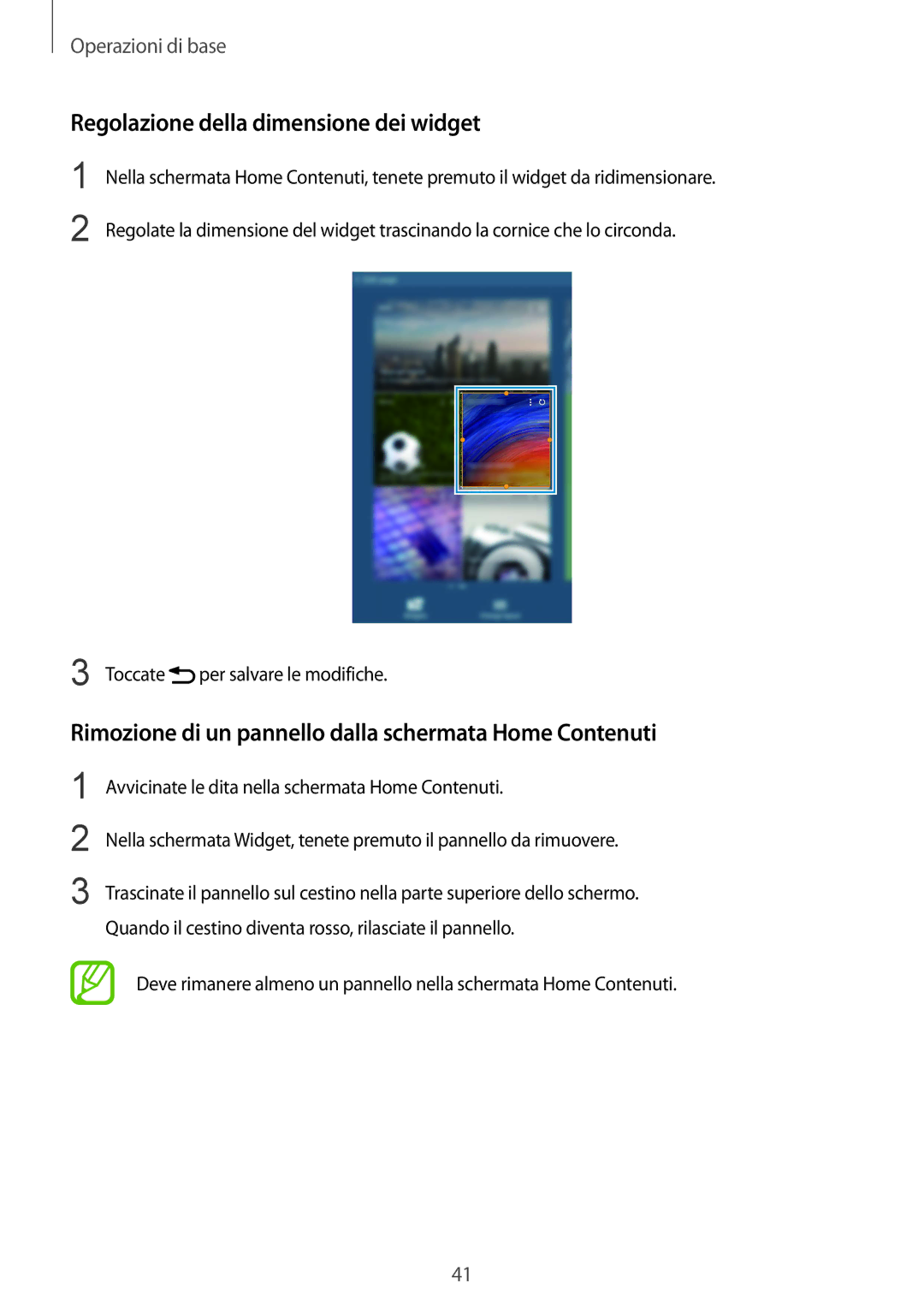 Samsung SM-T325NZWAXEO Regolazione della dimensione dei widget, Rimozione di un pannello dalla schermata Home Contenuti 